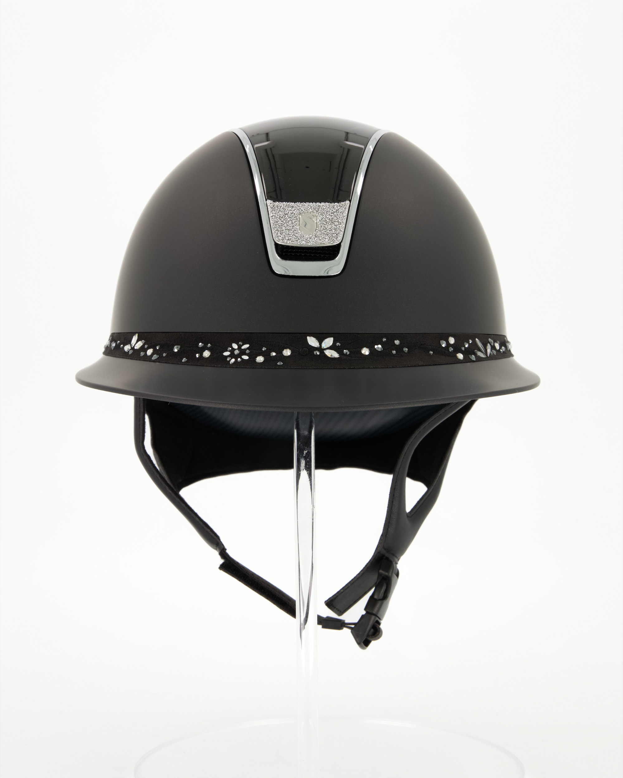 Reithelm 2.0 Miss Shield Shadowmatt, Top Shadow Glossy, Frontal Band Flower Swarovski Jewerly, Trim Chrome Silver, Blason Crystal Fabric Silver in schwarz