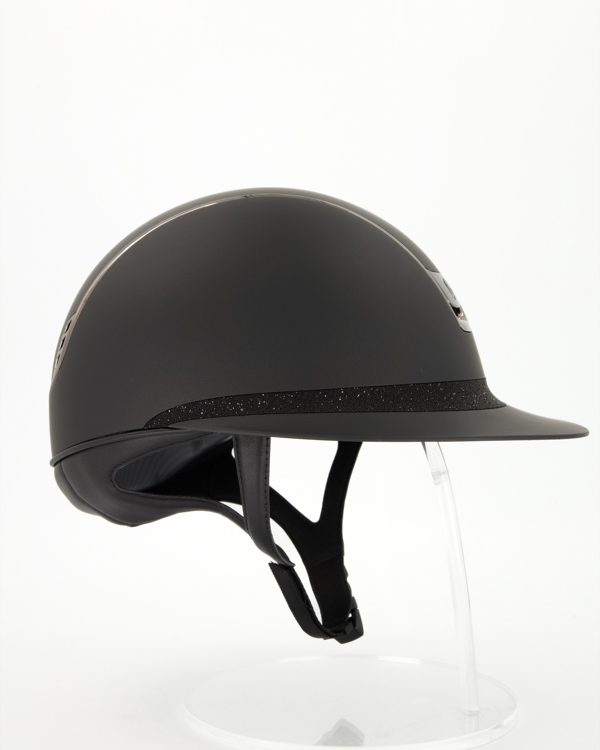 Riding helmet 2.0 Miss Shield Shadowmatt,Frontal Band Crystal Fabric Black, Trim u. Blason Chrome Black in black