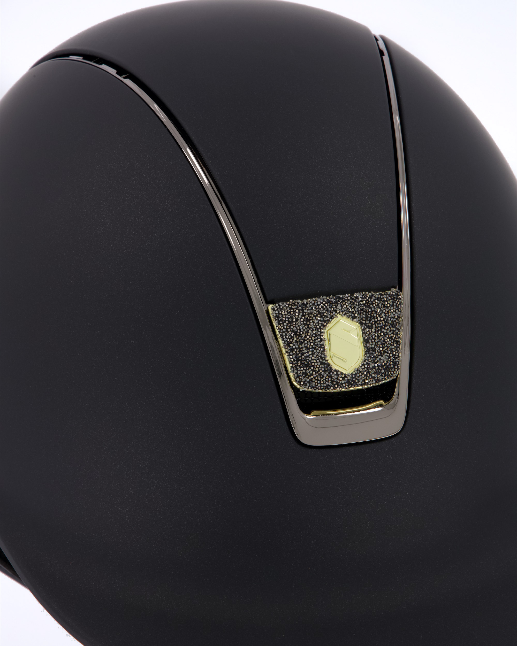Riding helmet Shadowmatt Black Chrome Blason Crystal Fabric Gold in black