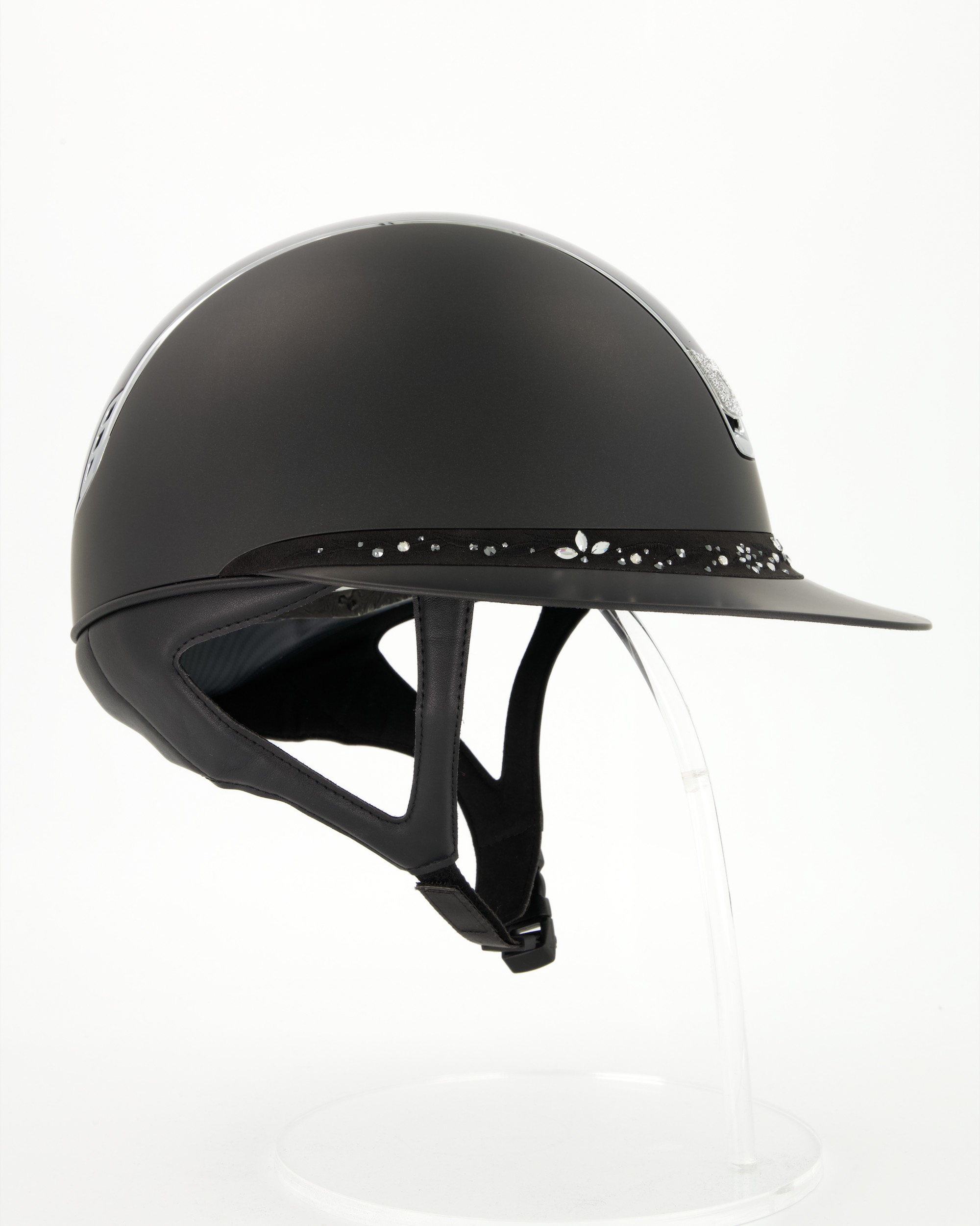 Reithelm 2.0 Miss Shield Shadowmatt, Top Shadow Glossy, Frontal Band Flower Swarovski Jewerly, Trim Chrome Silver, Blason Crystal Fabric Silver in schwarz