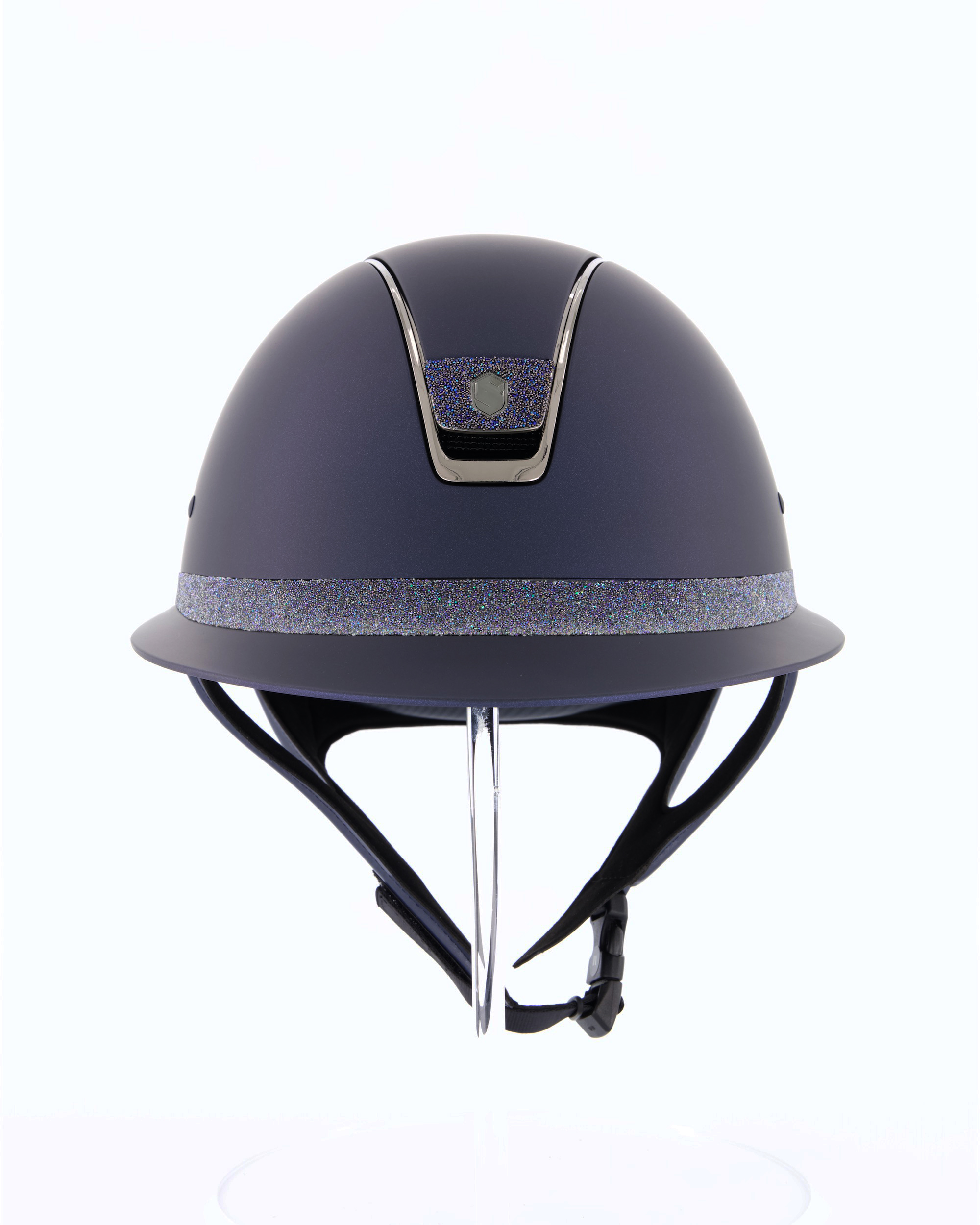 Riding helmet Miss Shield Shadowmatt, Frontal Band Crystal Fabric Swarovski Bermuda Blue, Trim Chrome Black, Blason Crystal Fabric Bermuda Blue in Blue