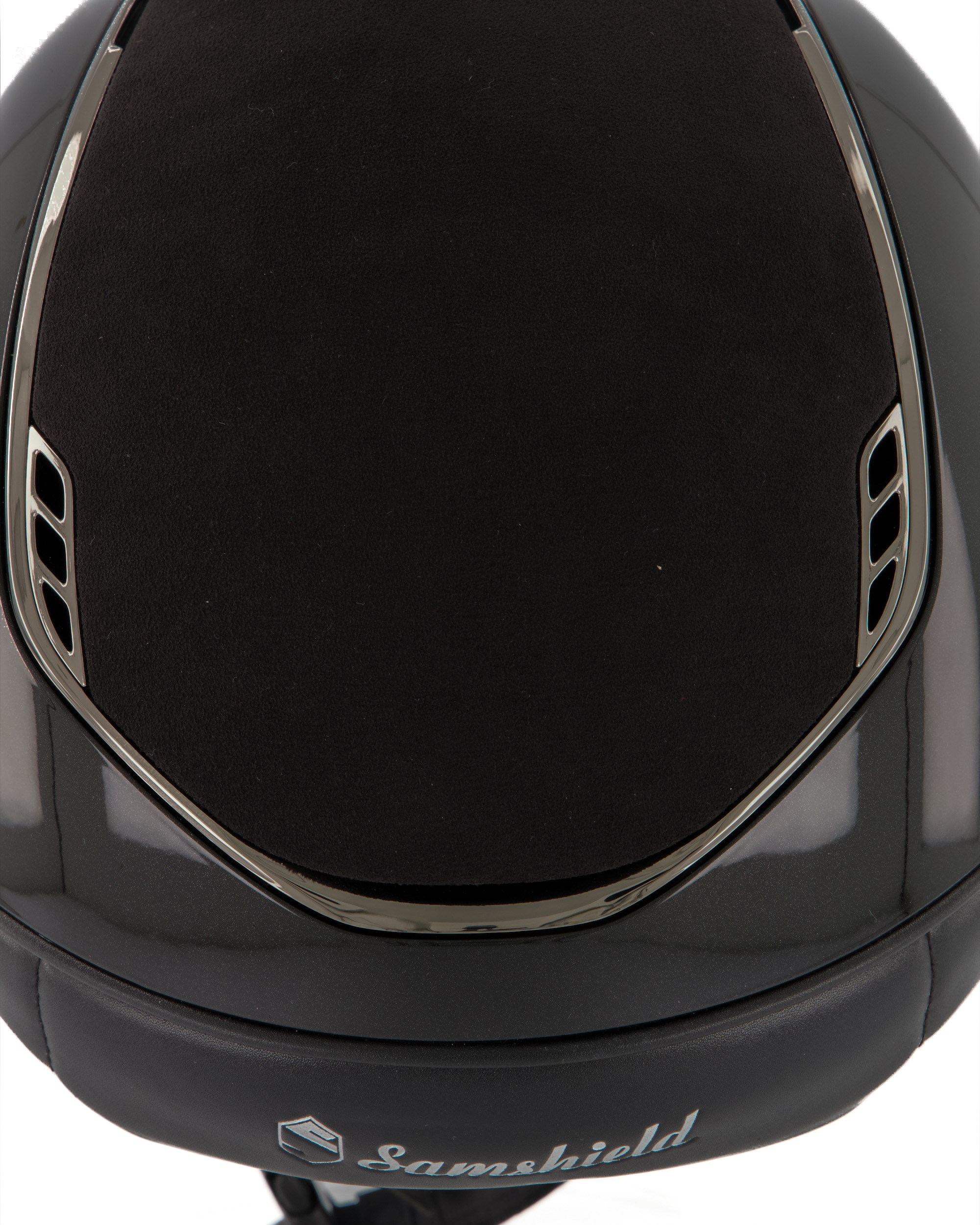 Riding helmet 2.0 Miss Shield Shadowglossy, Top Alcantara Black, Frontal Band Alcantara Black, Trim Chrome Black, Blason Chrome Black