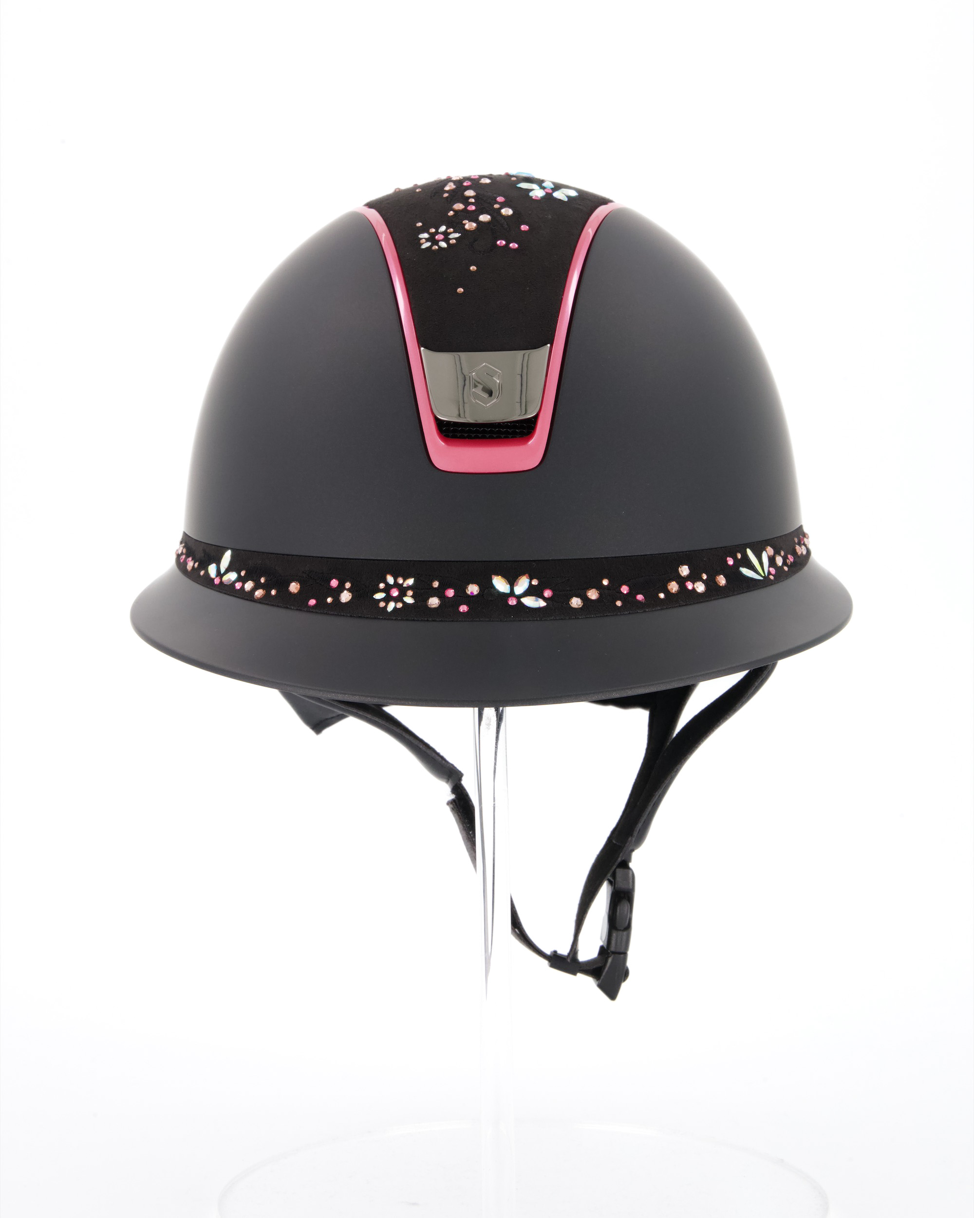 Reithelm 2.0 Shadowmatt black, Top u. Frontal Band Flower Swarovski Jewelry in Majestic Pink, Trim Metallic baby pink, Blason Chrome Black