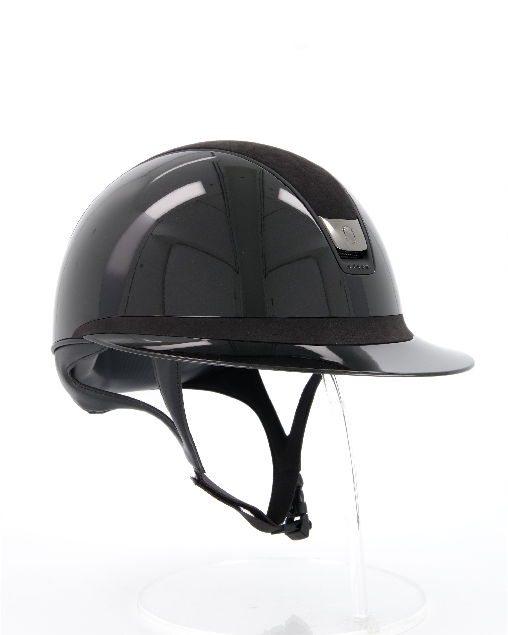 Reithelm 2.0 Shadowglossy black, Top u. Frontal Band Alcantara Black, Trim matt black, 5 Swarovski Black, Blason Chrome Black