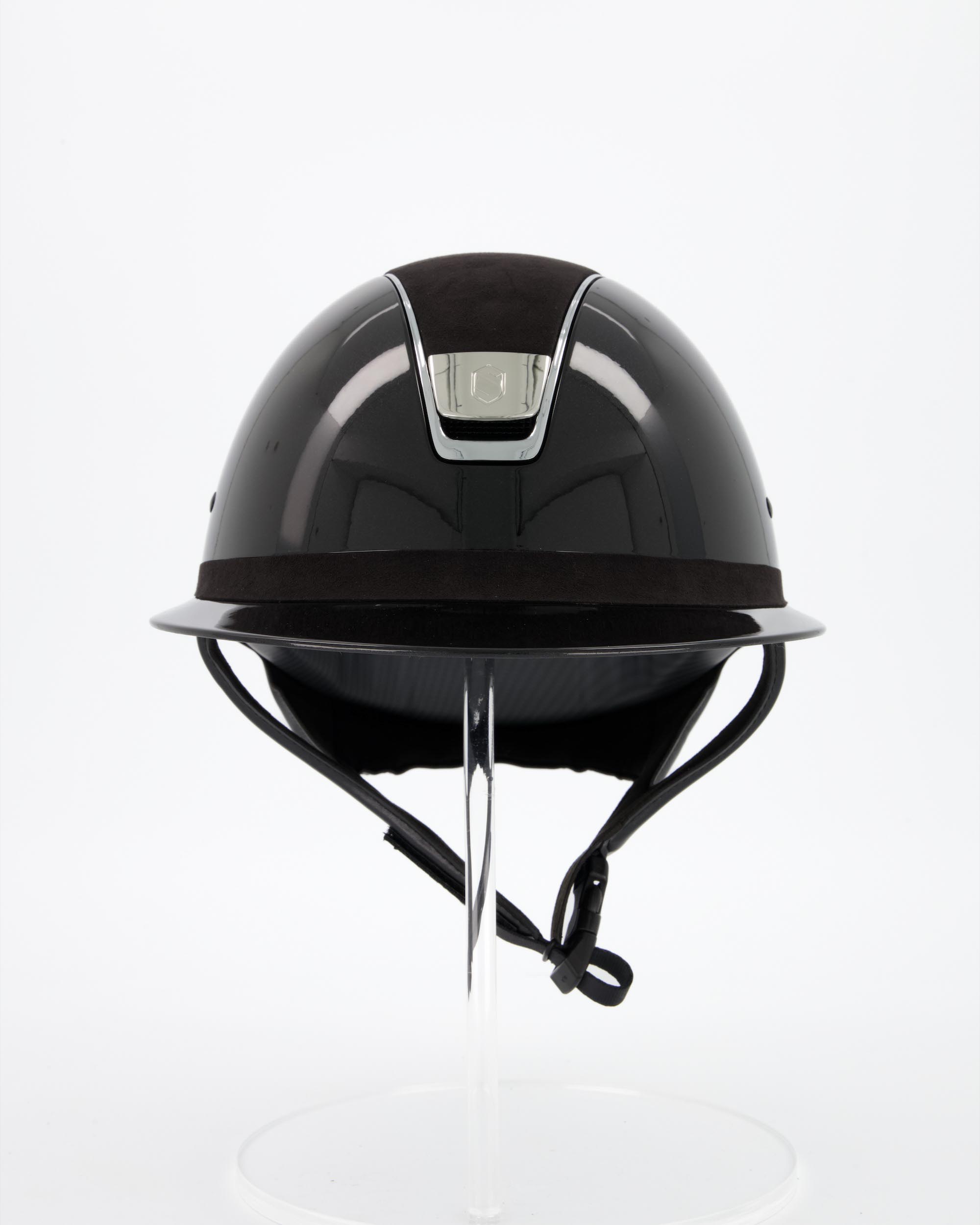 Riding helmet Miss Shield Shadowglossy Black, Top Alcantara Black, Frontalband Alcantara Black, Trim Chrome Silver, Blason Chrome Silver in black