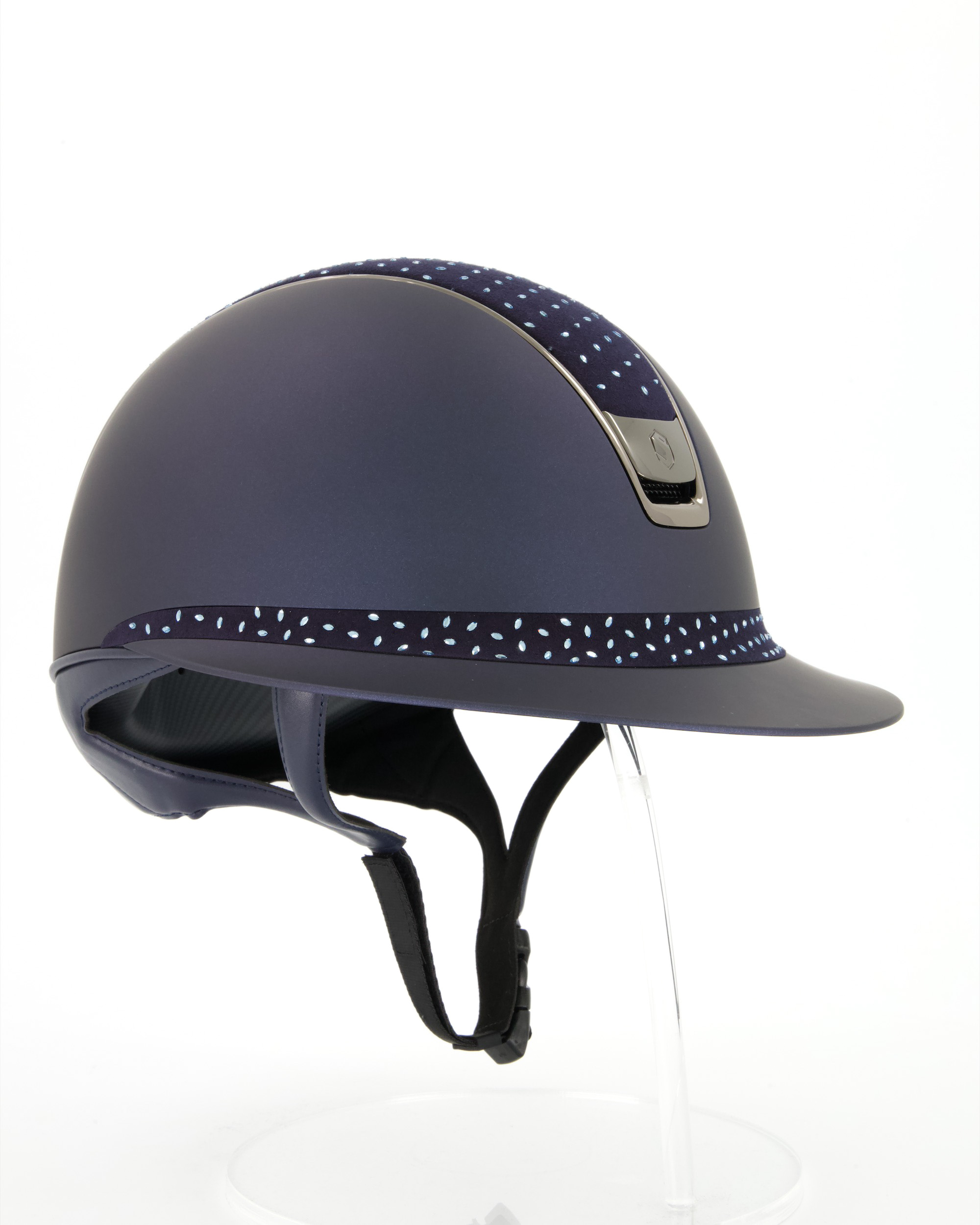 Reithelm 2.0 Miss Shield Shadowmatt Blue, Top u. Frontal Band Crystal Comet, Trim u. Blason Chrome Black in blau