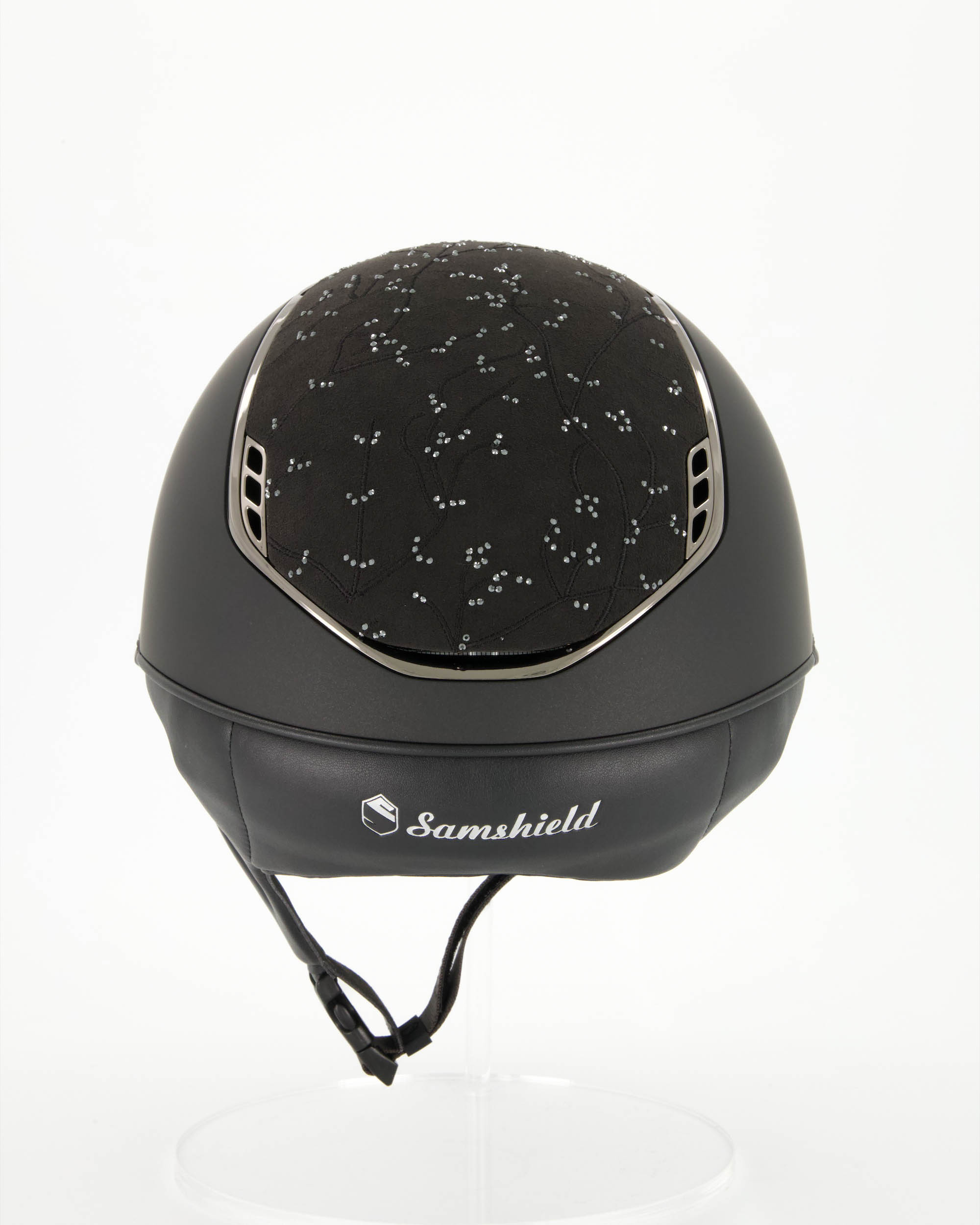 Riding helmet 2.0 Miss Shield Shadowmatt Black, Top and Frontal Band Crystal Leaf, Trim and Blason Chrome Black