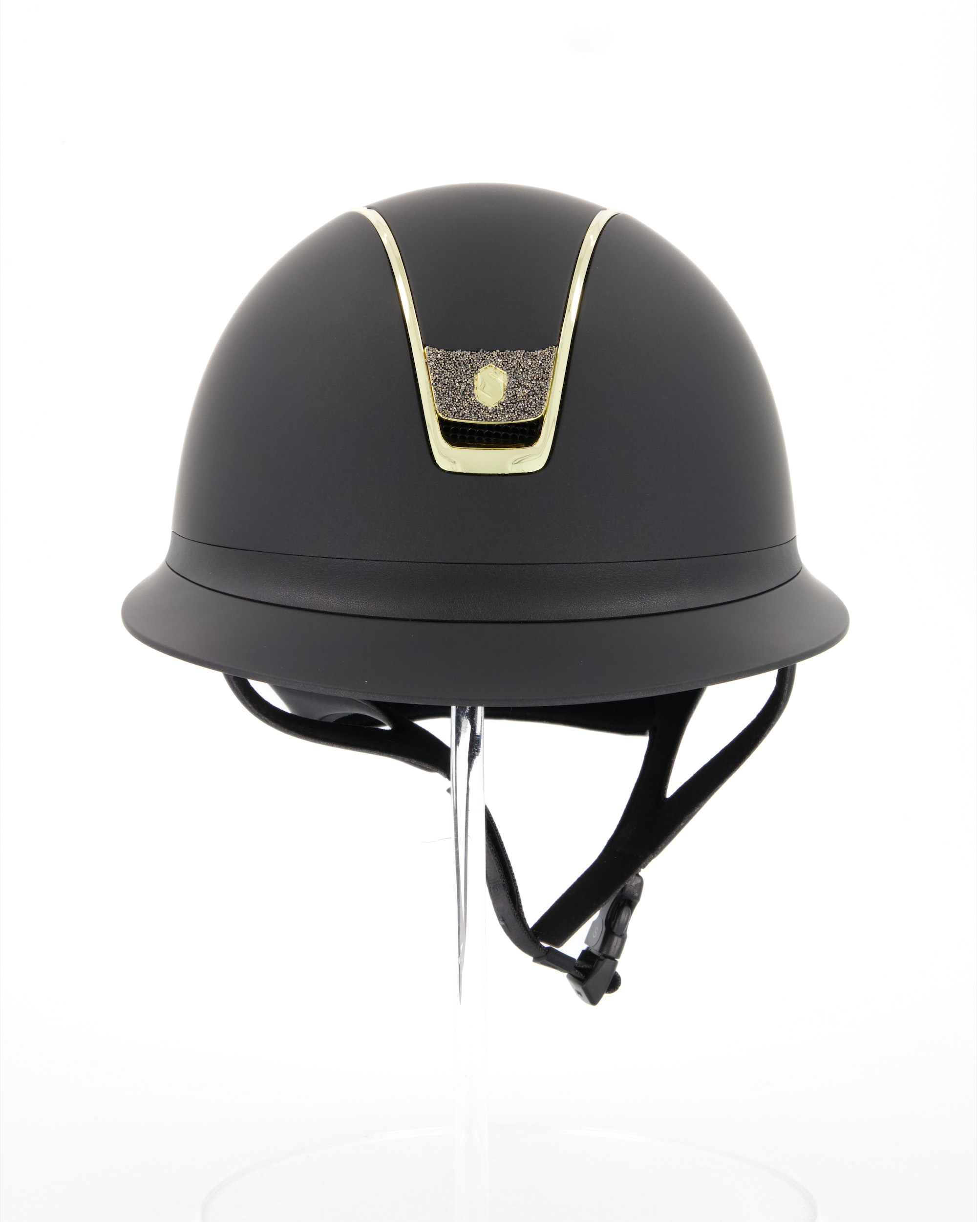Riding helmet 2.0 Miss Shield Shadowmatt Black, Trim Chrome Gold, Blason Crystal Fabric Gold Riding helmet 2.0 Miss Shield Shadowmatt Black, Trim Chrome Gold, Blason Crystal Fabric Gold
