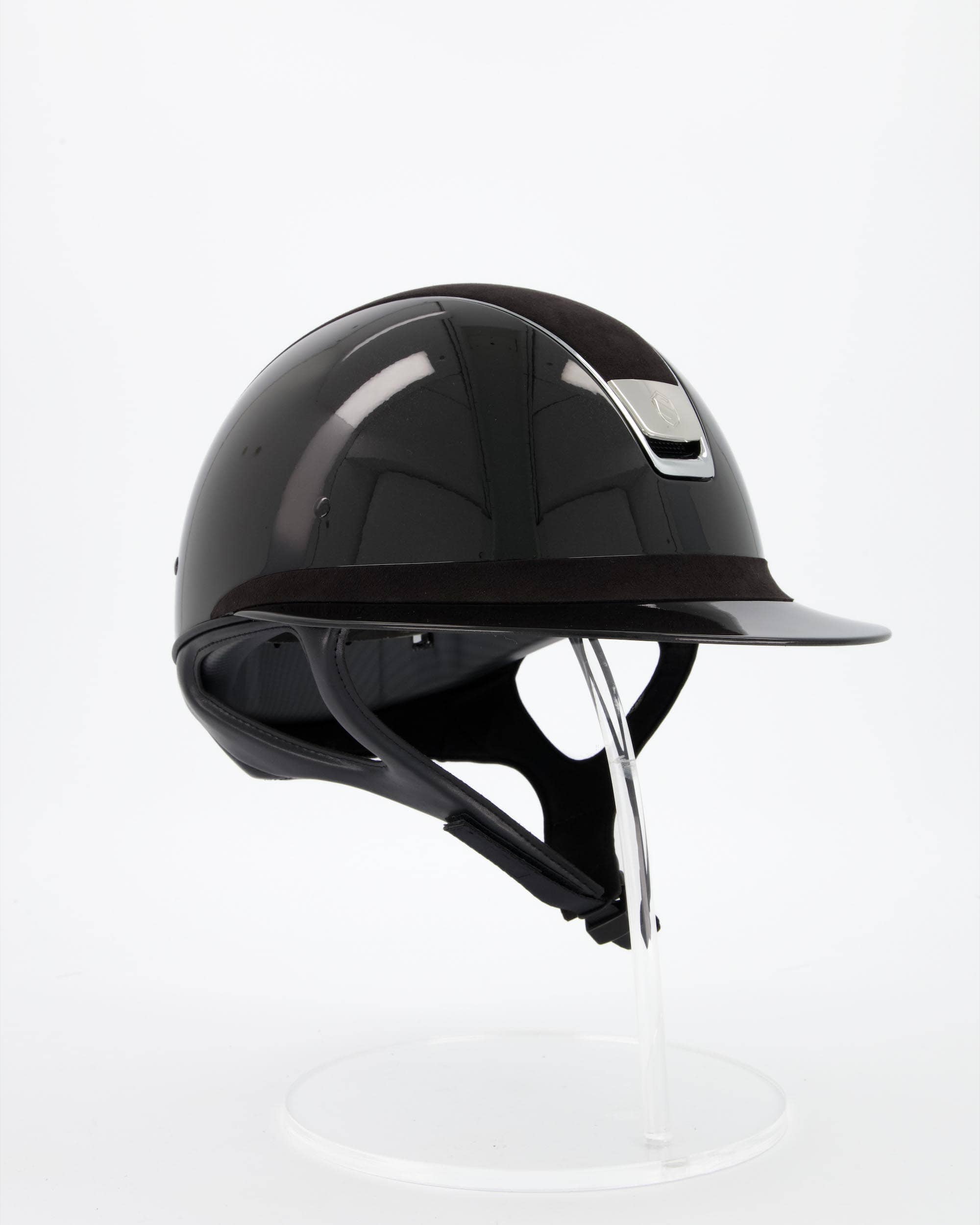 Riding helmet Miss Shield Shadowglossy Black, Top Alcantara Black, Frontalband Alcantara Black, Trim Chrome Silver, Blason Chrome Silver in black