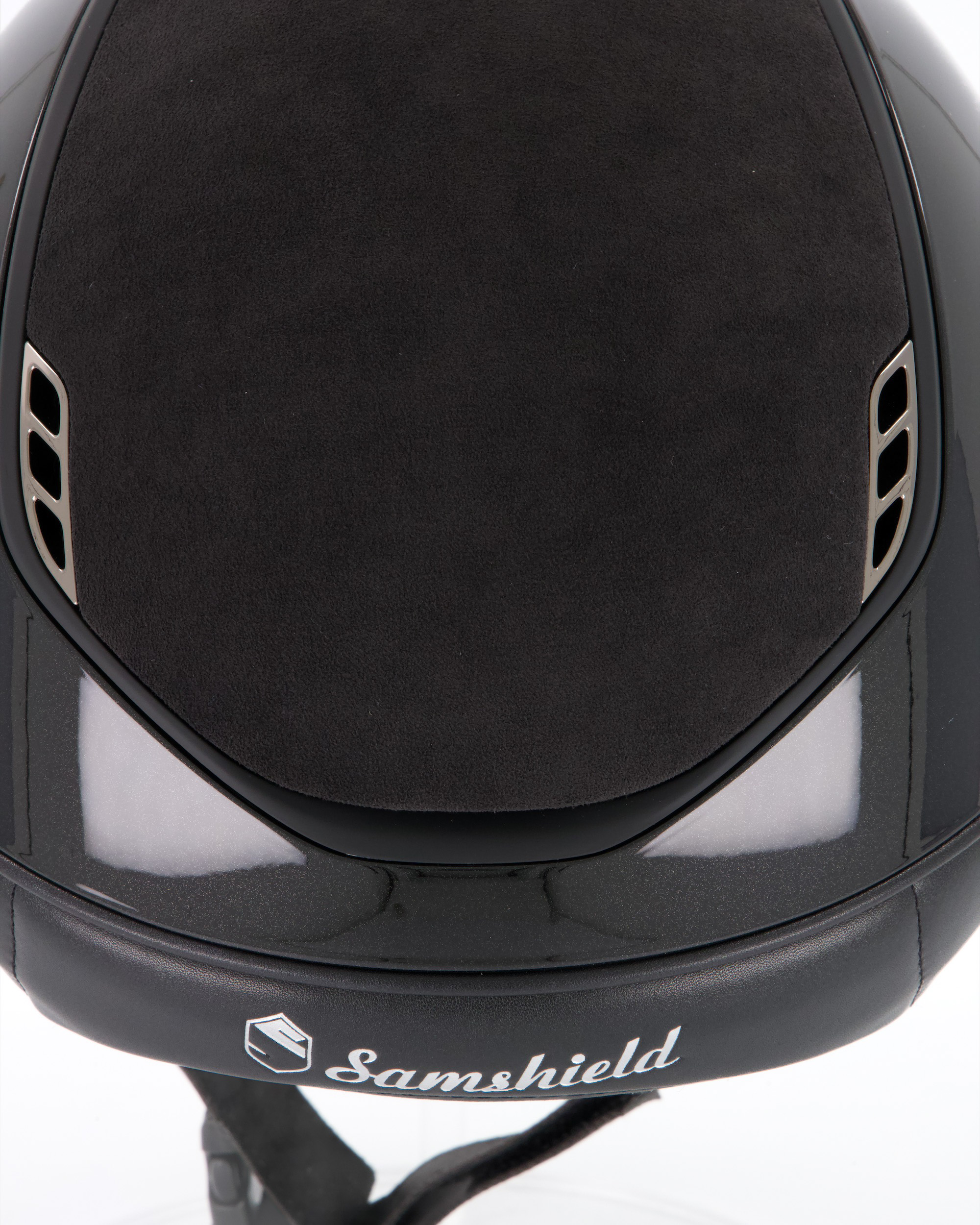 Reithelm 2.0 Shadowglossy black, Top u. Frontal Band Alcantara Black, Trim matt black, 5 Swarovski Black, Blason Chrome Black