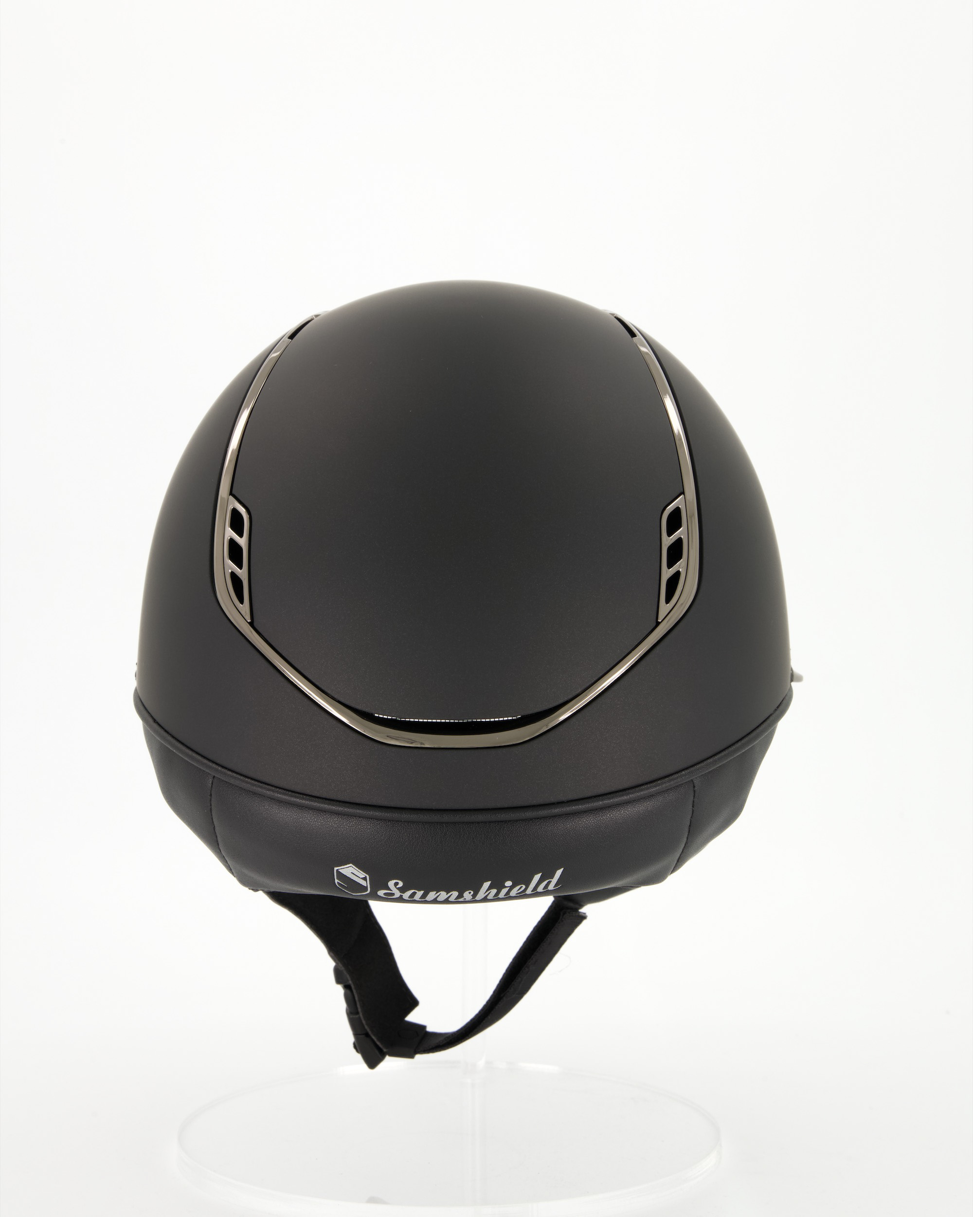 Riding helmet 2.0 Miss Shield Shadowmatt,Frontal Band Crystal Fabric Black, Trim u. Blason Chrome Black in black
