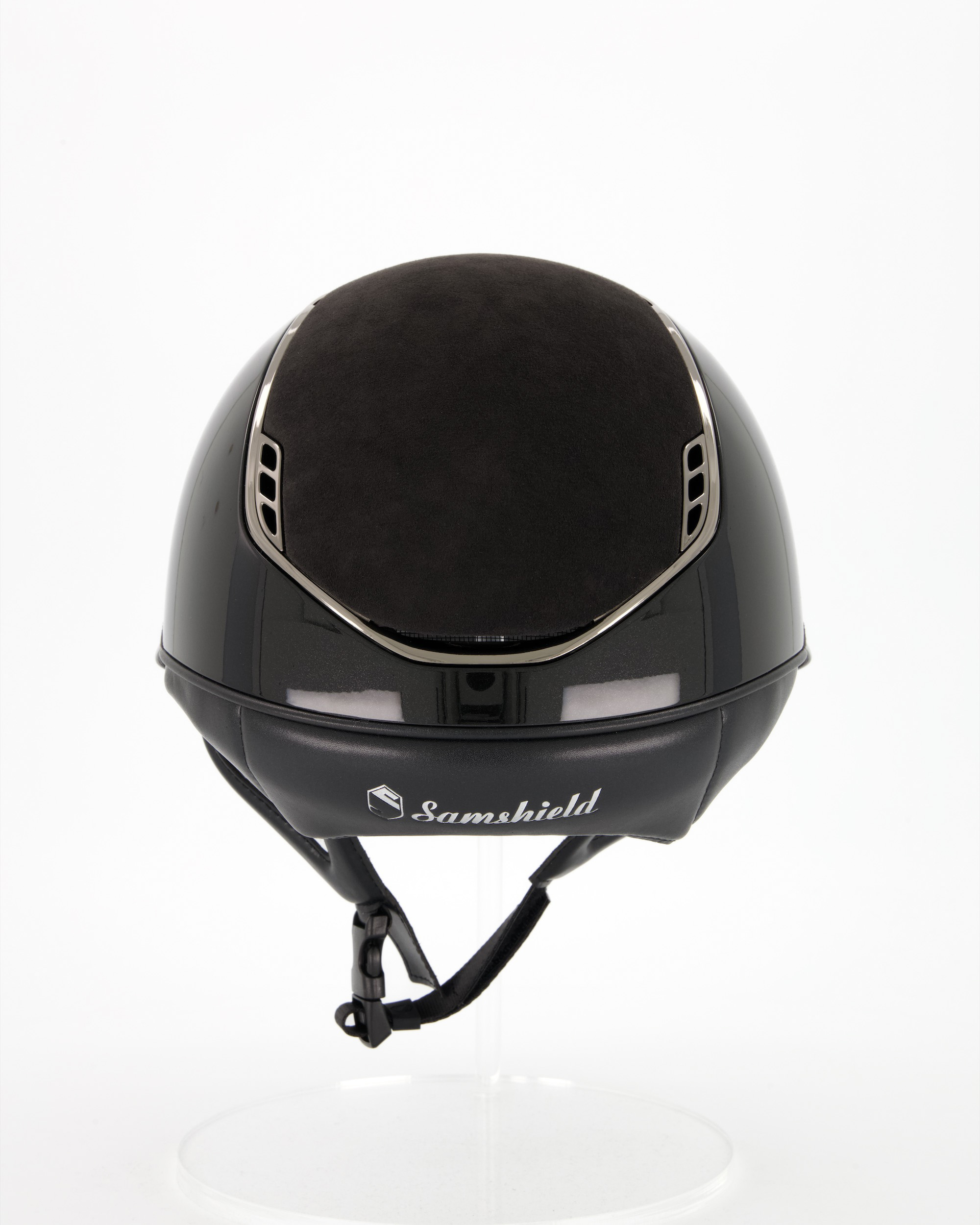 Riding helmet 2.0 Miss Shield Shadowglossy Top u. Frontal Band Alcantara, Trim Chrome Black, Blason Crystal Fabric Black in black