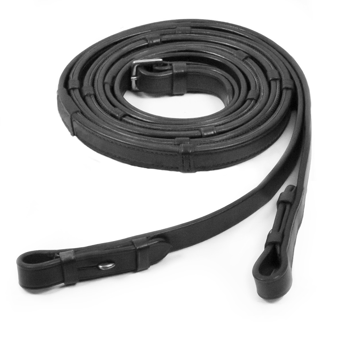 Rubberised snaffle reins with bridle hook in black/silver