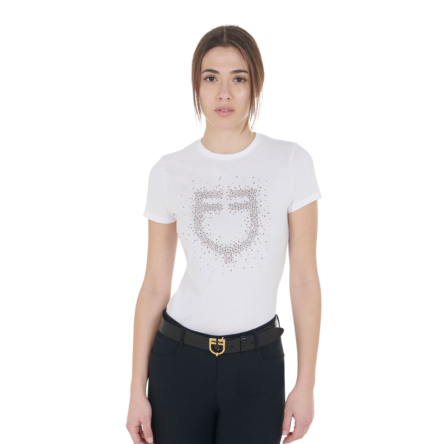 Schmal geschnittenes Damen-T-Shirt mit pinkem Strass