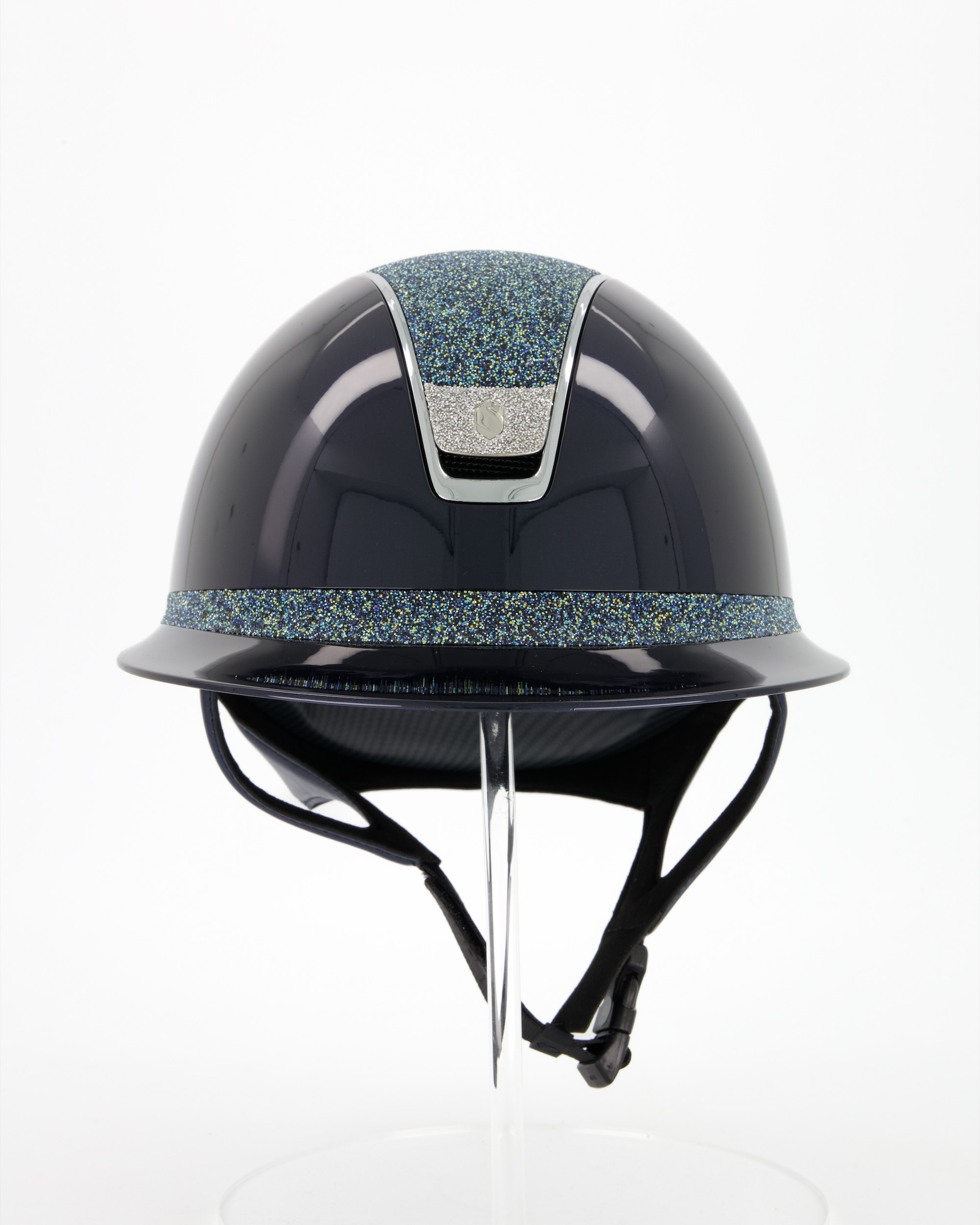 Riding helmet 2.0 Miss Shield Shadowglossy, Top and Frontal Band Crystal Fabric Ocean Depth, Trim Chrome Silver, Blason Crystal Fabric Silver in blue