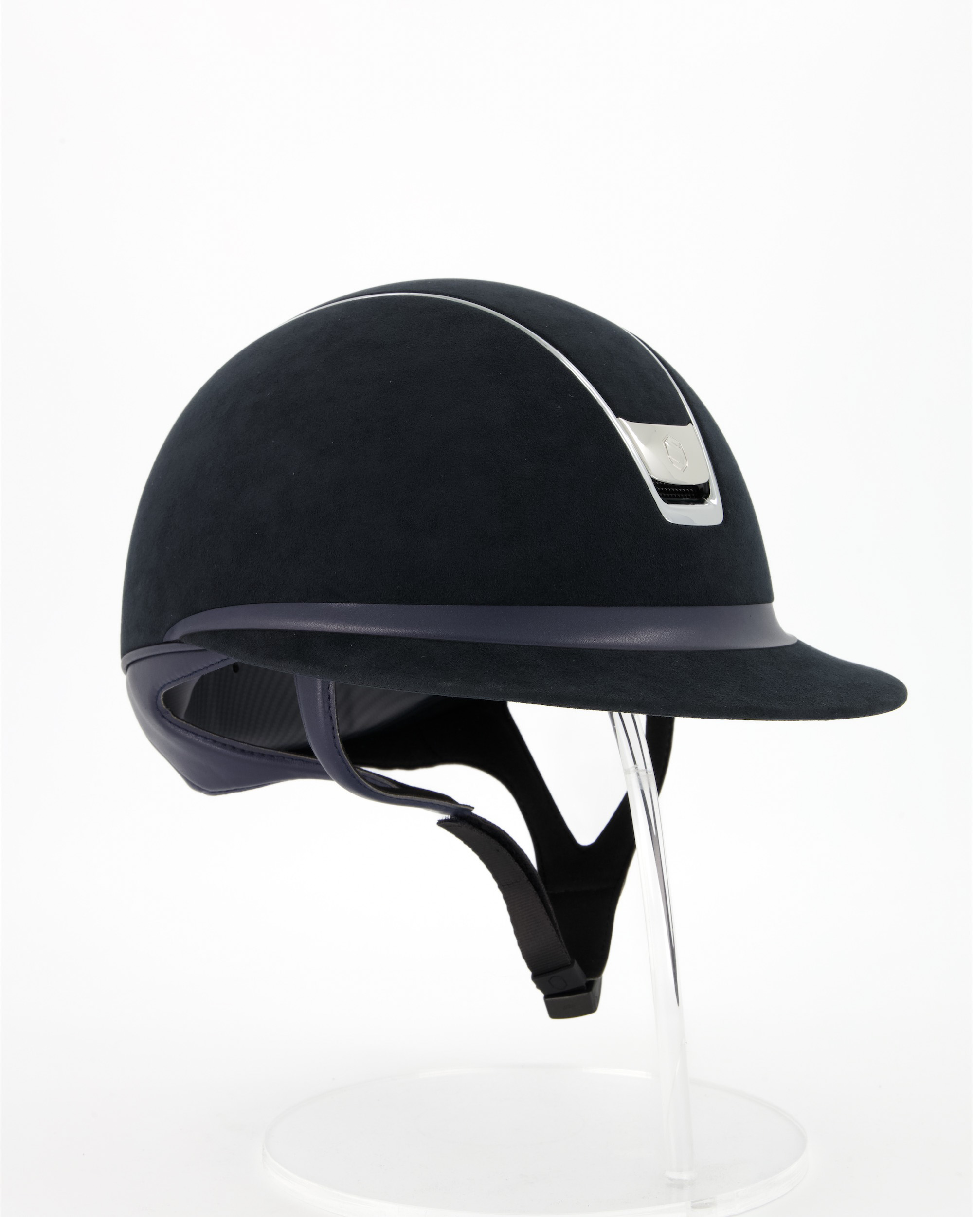 Reithelm Miss Shield 2.0 Premium, Top Alcantara Blue, Frontal Band Leather Blue, Trim u. Blason Chrome Silver in blau