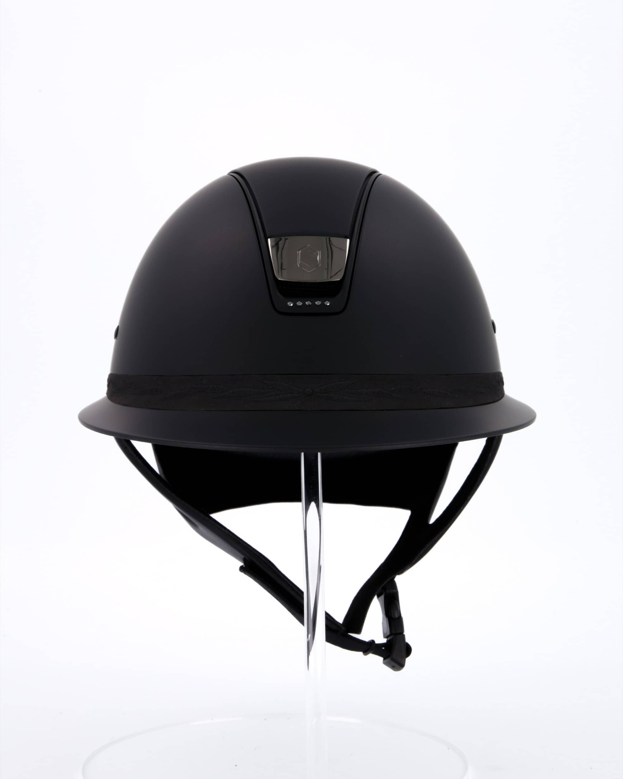Riding helmet Miss Shield Shadowmatt Black, Top Shadowmatt Black, Frontal Band Flower Embroidery Black, Trim Matt Black, 5 Swarovski Jet Hemitate, Blason Chrome Black