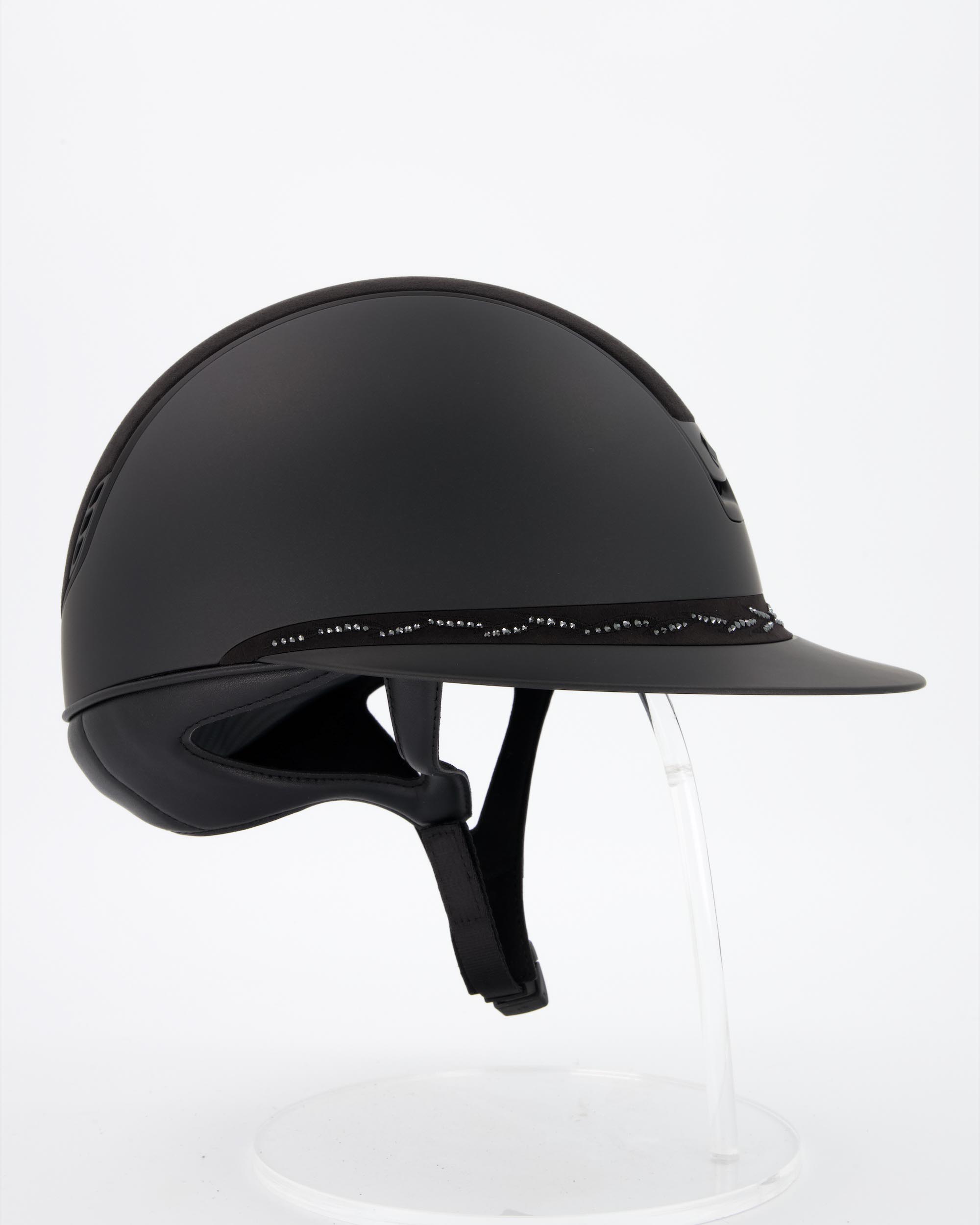 Riding helmet 2.0 Miss Shield Shadowmatt Black, Top Alcantara Black Frontal Band Flower Swarovski, Trim u. Blason Matt Black in black