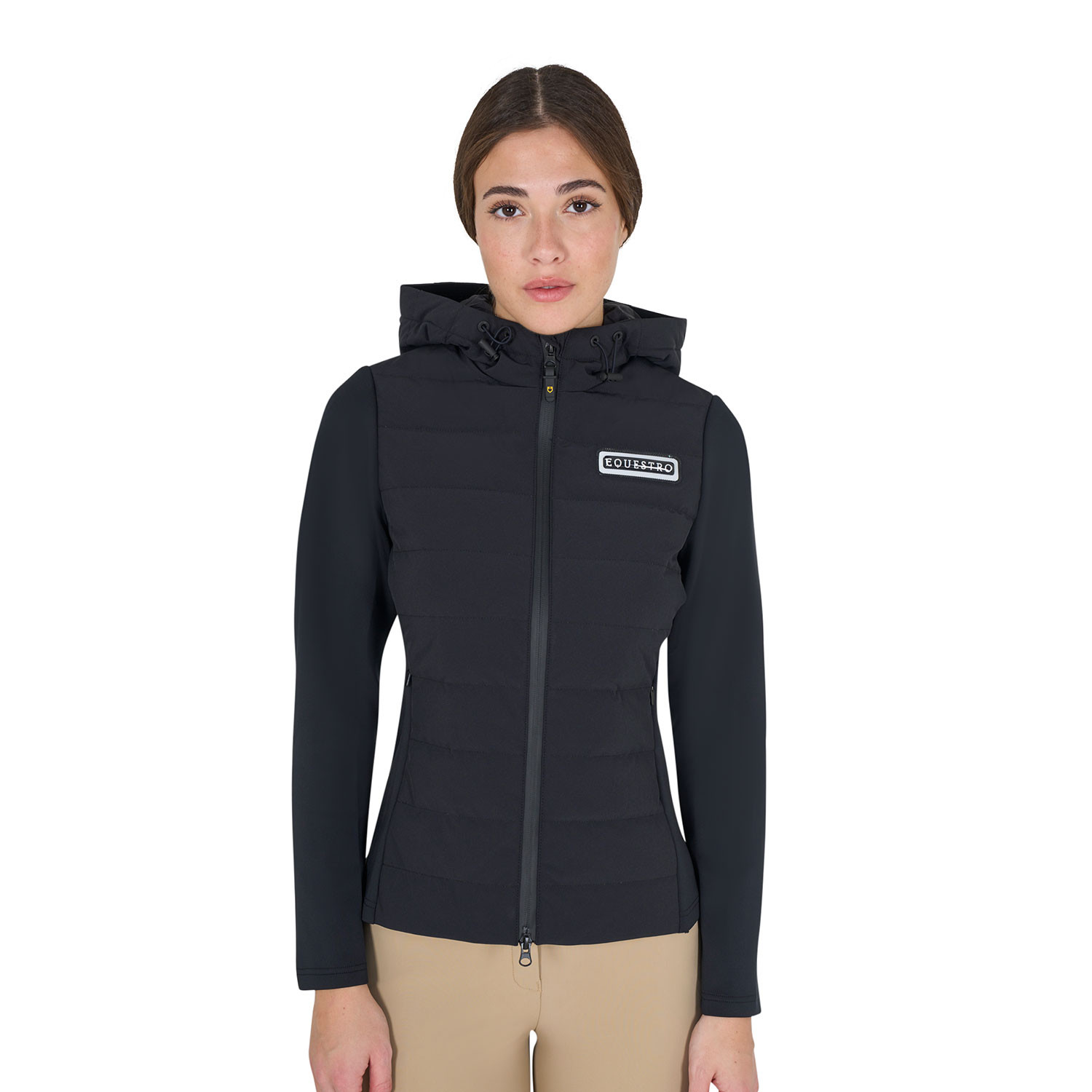 Damen-Daunenjacke mit Kapuze aus technischem Materialmix