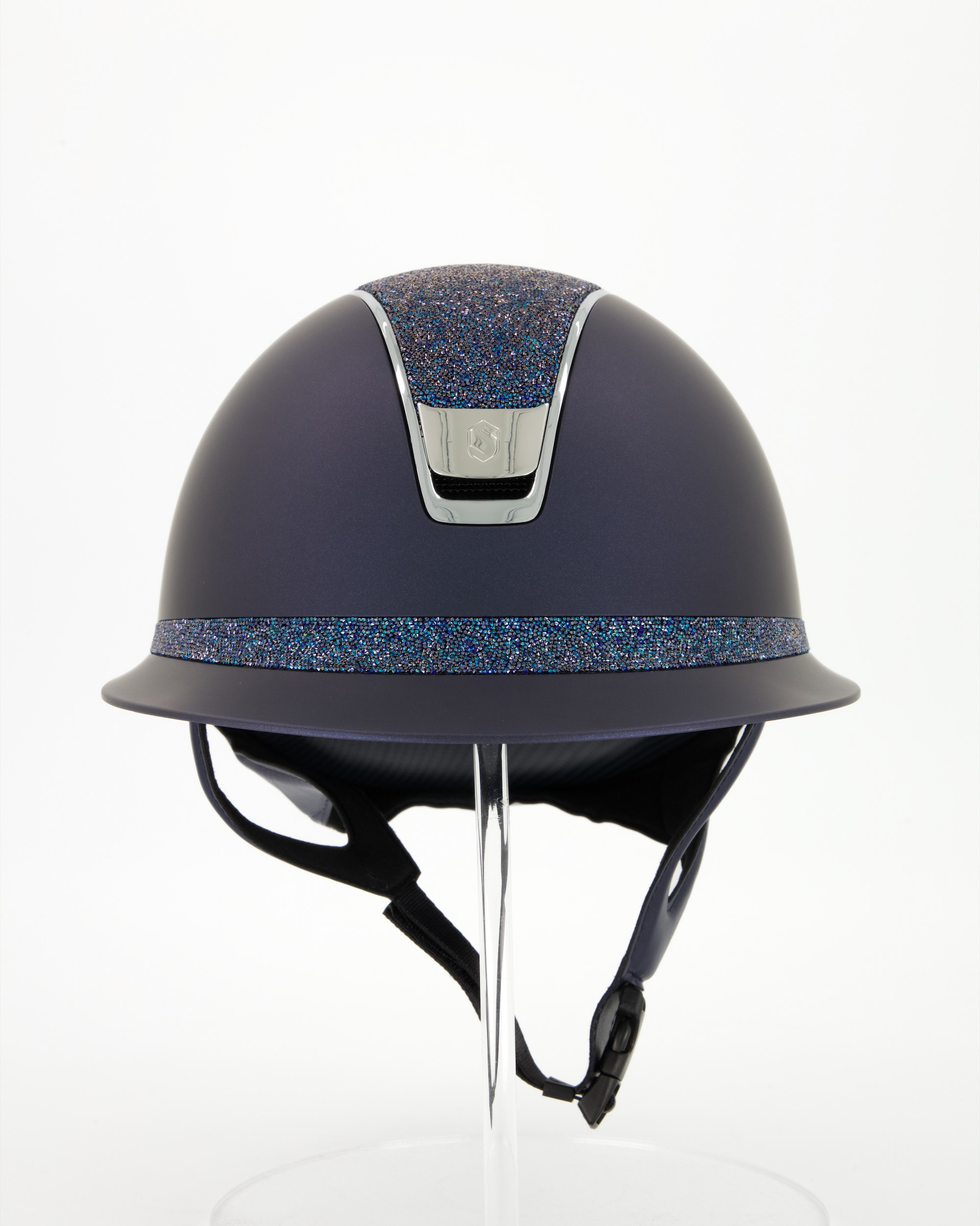 Riding helmet 2.0 Miss Shield Shadowmatt Blue, top and front strap Ultra Fine Rocks, Trim and Blason Chrome Silver in blue