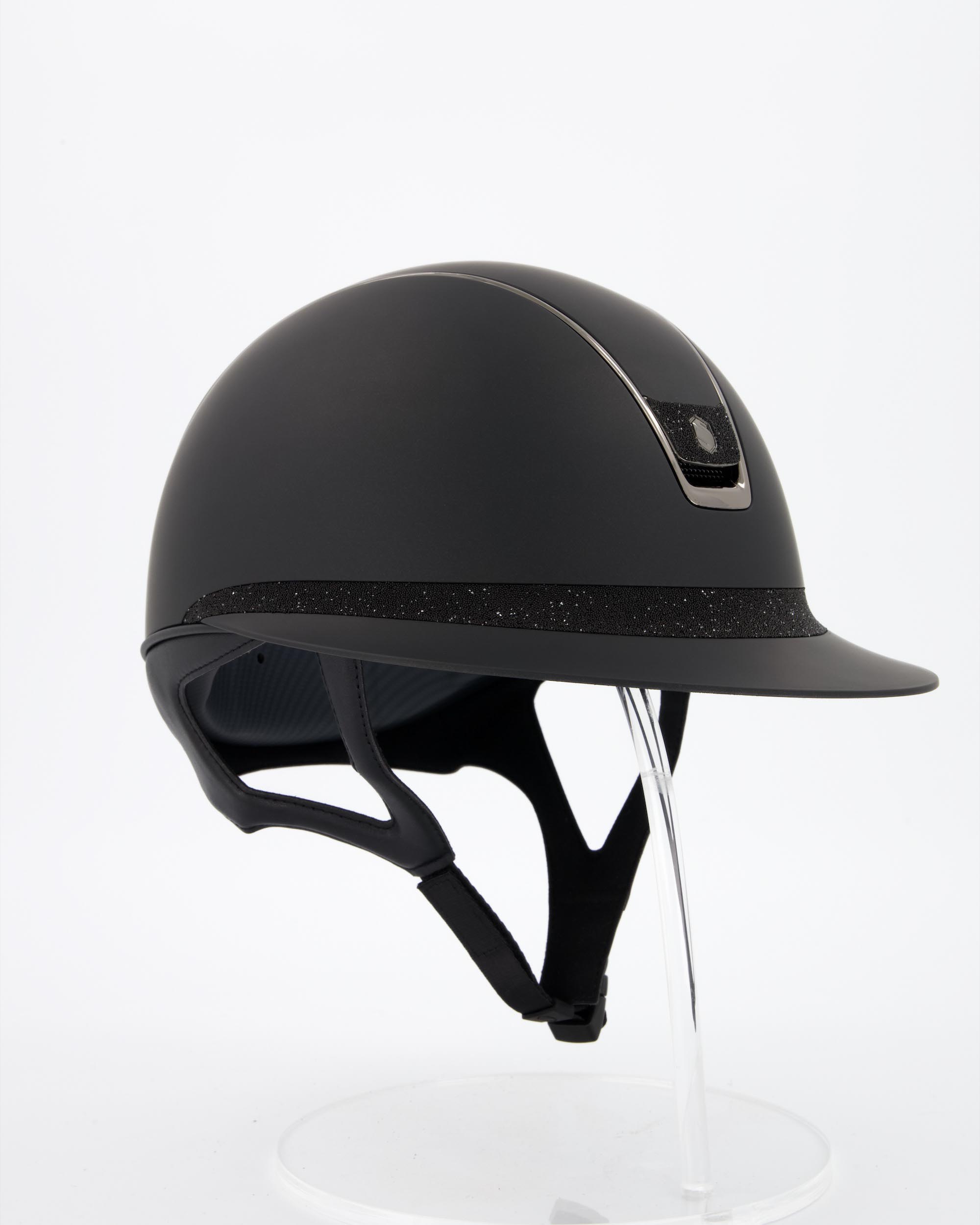 Riding helmet 2.0 Miss Shield Shadowmatt Black, Frontal Band Crystal Fabric, Trim Black Chrome, Blason Crystal Fabric Black in black