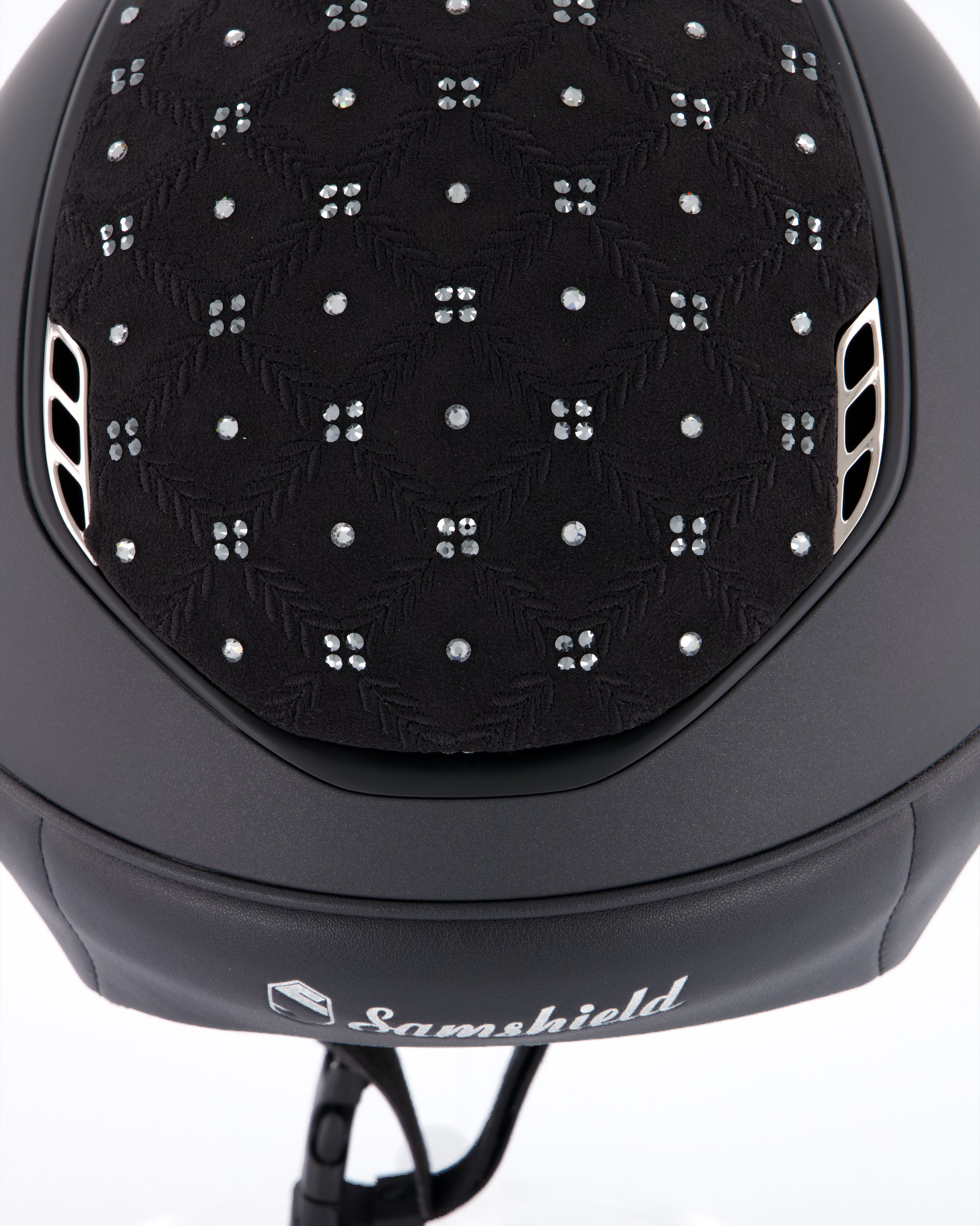 Reithelm 2.0 Shadowmatt, Top Royal Flower Swarovski, Trim Matt Black, Blason Chrome Black in schwarz