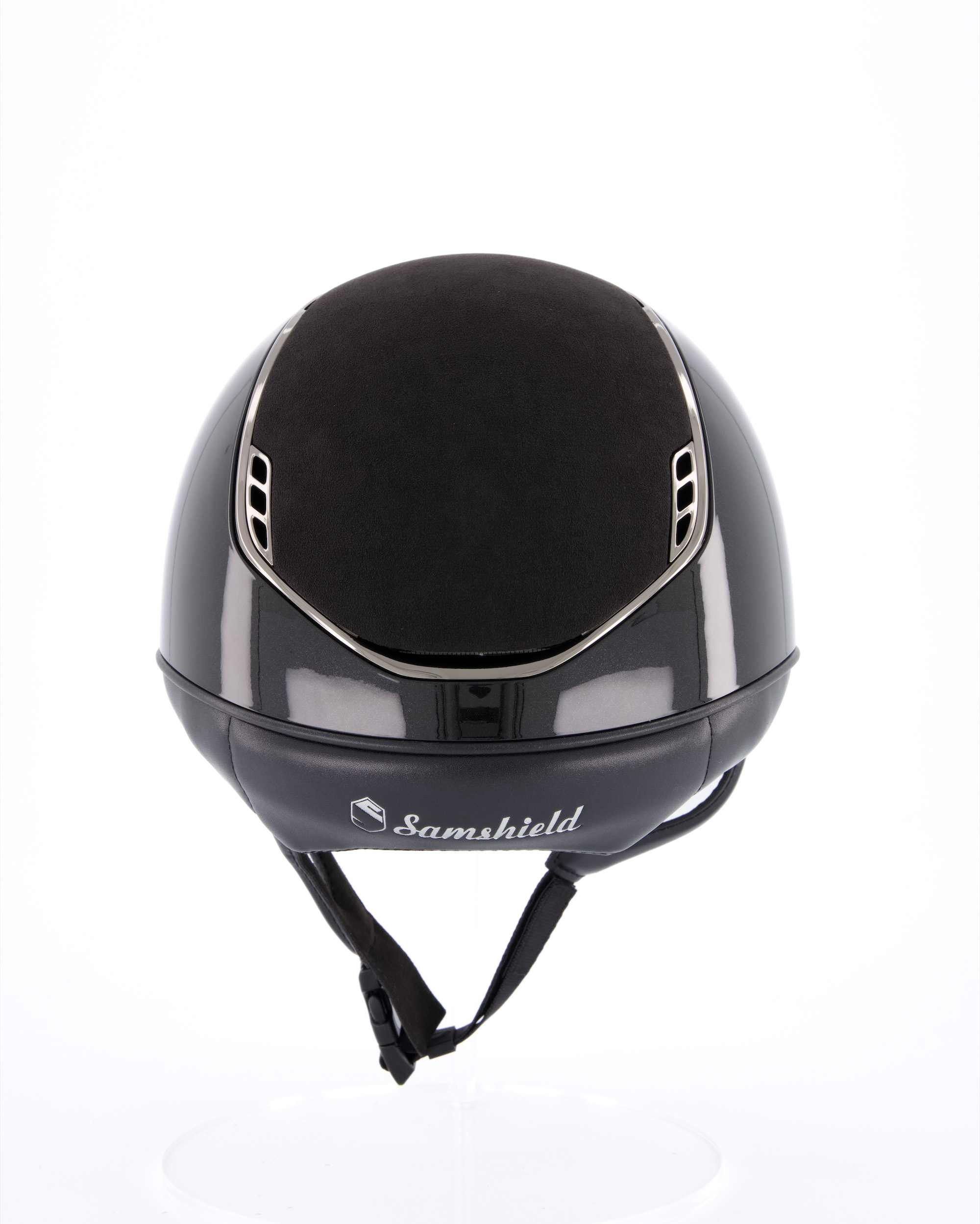 Riding helmet 2.0 Shadowglossy, Top Alcantara Black, Trim Black Chrome, Blason Crystal Fabric Swarovski Silver in black