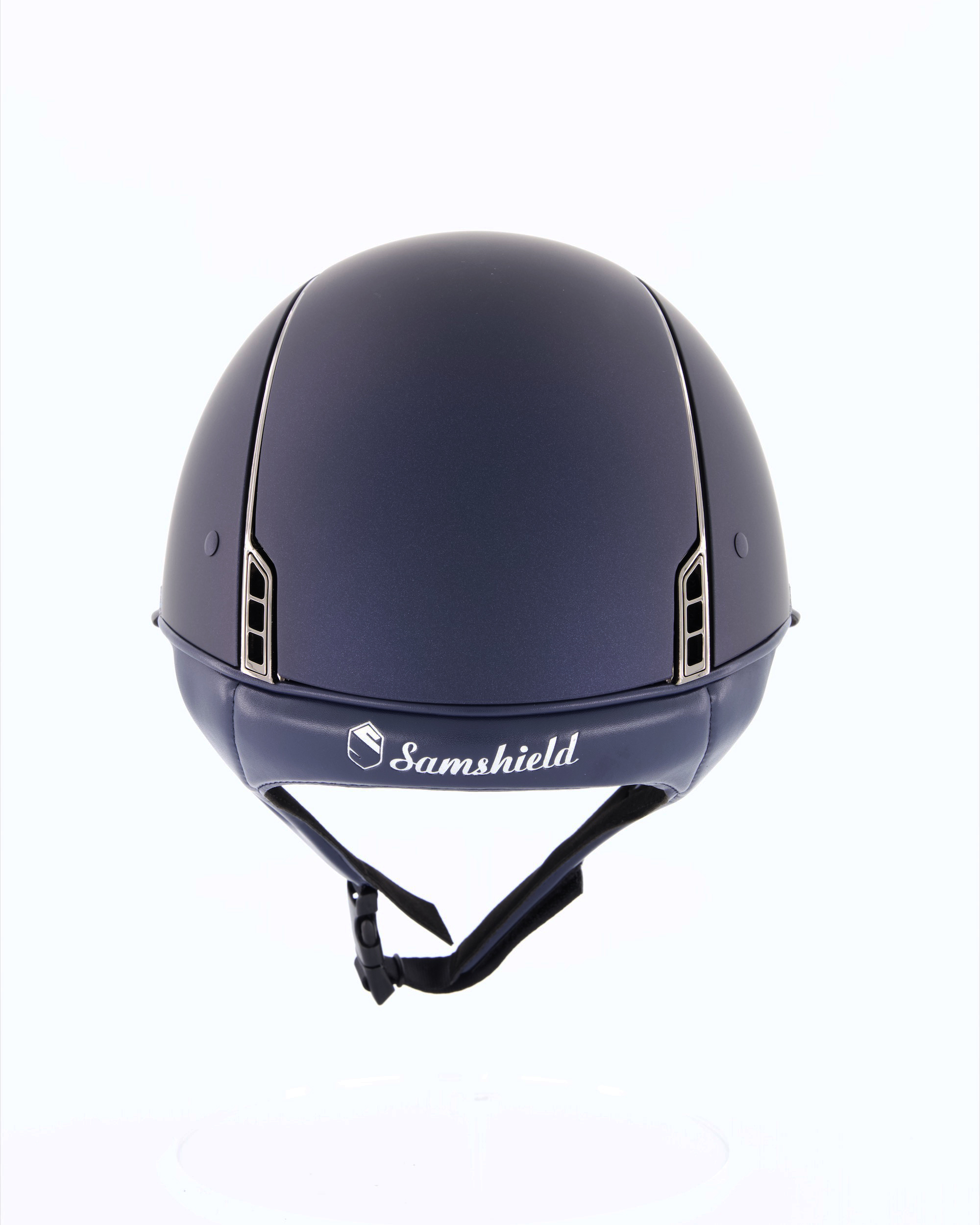 Riding helmet Miss Shield Shadowmatt, Frontal Band Crystal Fabric Swarovski Bermuda Blue, Trim Chrome Black, Blason Crystal Fabric Bermuda Blue in Blue