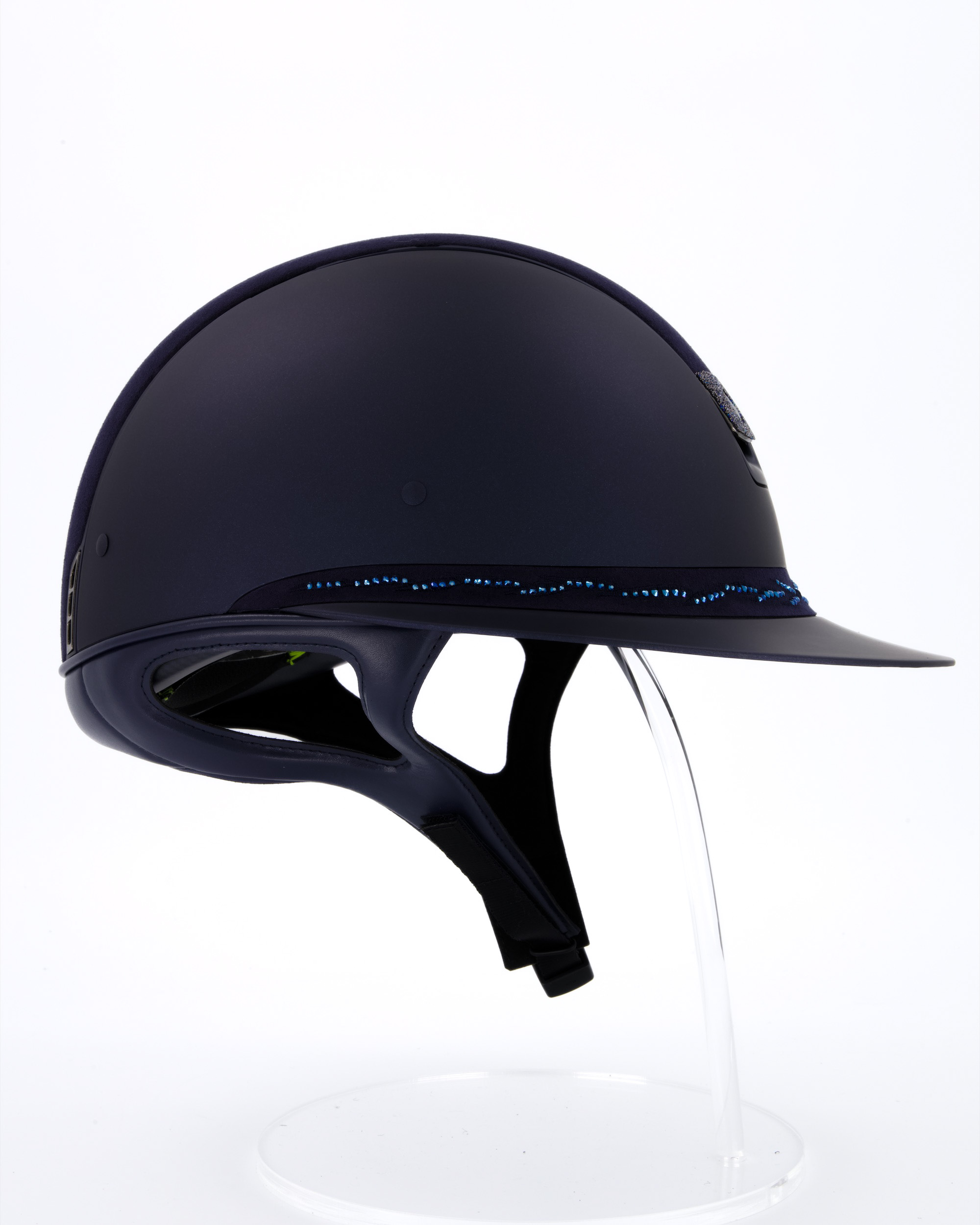 Reithelm Miss Shield Shadowmatt, Top Alcantara Blue, Frontal Band Flower Swarovski Light Sapphire, Trim Matt Navy, Blason Crystal Fabric Bermuda Blue in blau
