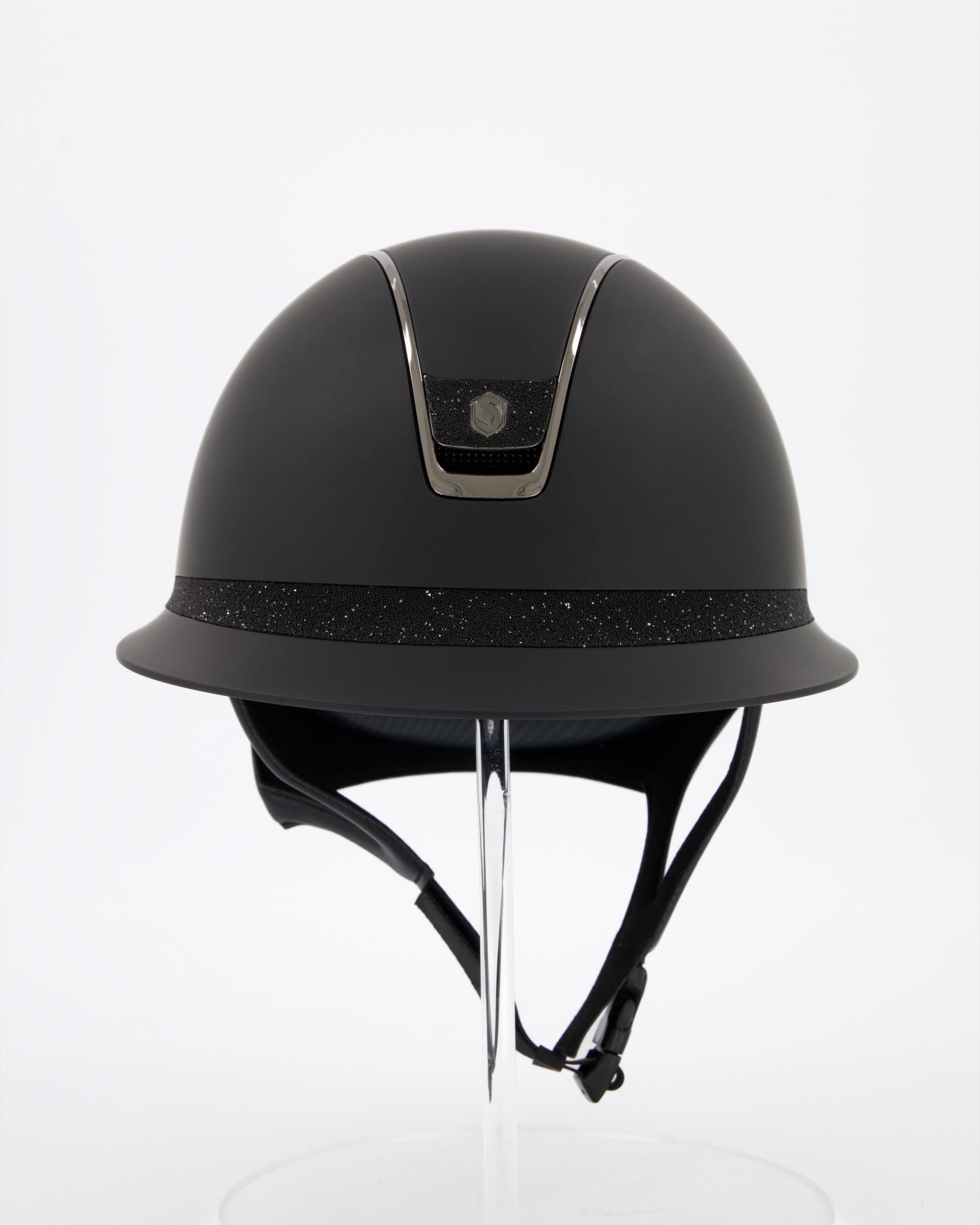Riding helmet 2.0 Miss Shield Shadowmatt Black, Frontal Band Crystal Fabric, Trim Black Chrome, Blason Crystal Fabric Black in black