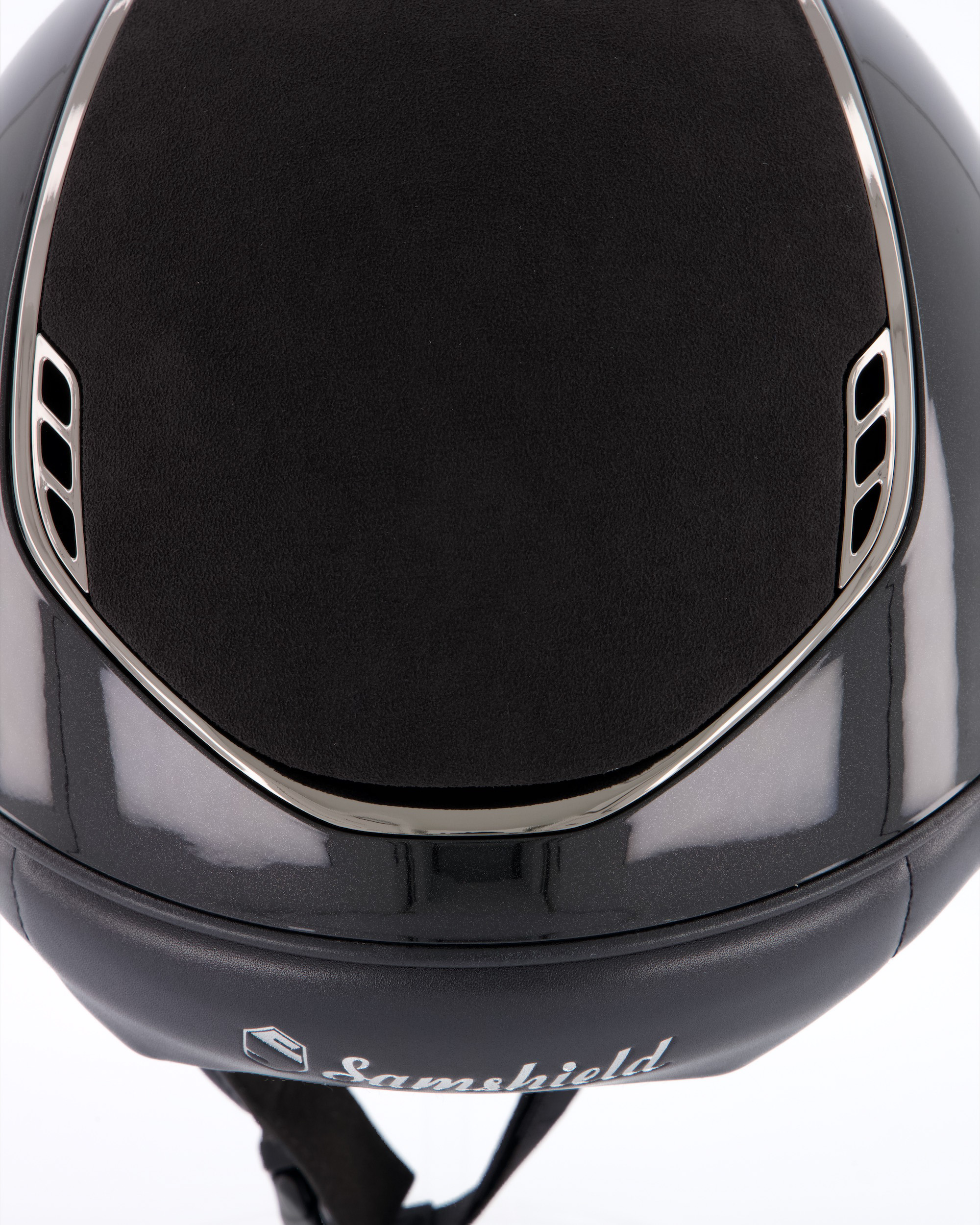 Riding helmet 2.0 Shadowglossy, Top Alcantara Black, Trim Black Chrome, Blason Crystal Fabric Swarovski Silver in black