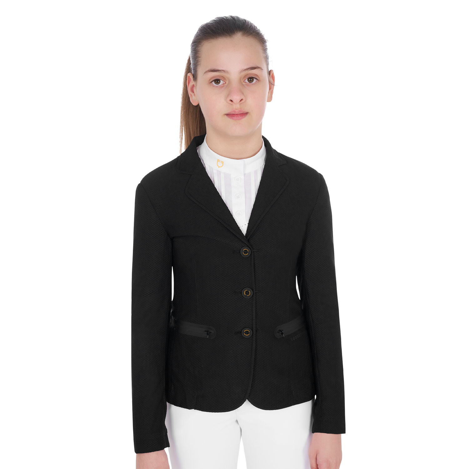 Mädchen-Turnierjacke mit drei Knöpfen aus perforiertem Gewebe