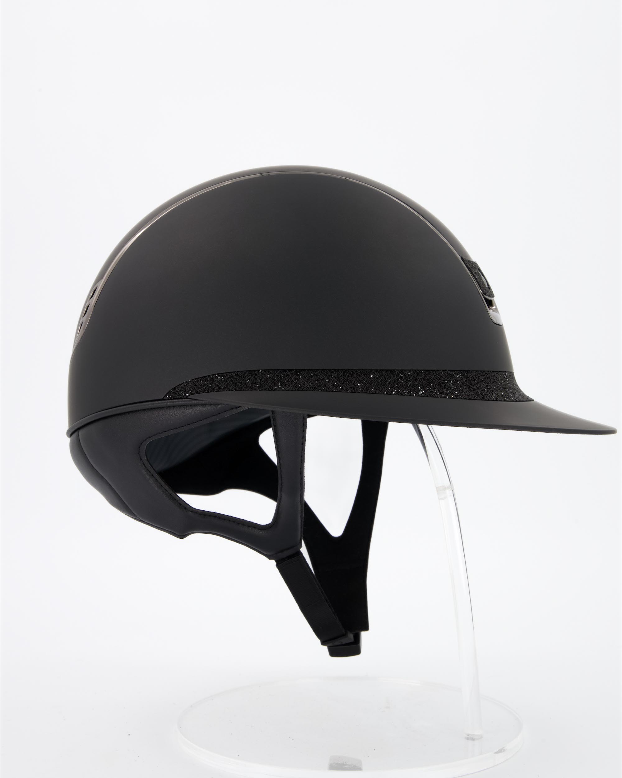 Riding helmet 2.0 Miss Shield Shadowmatt Black, Frontal Band Crystal Fabric, Trim Black Chrome, Blason Crystal Fabric Black in black
