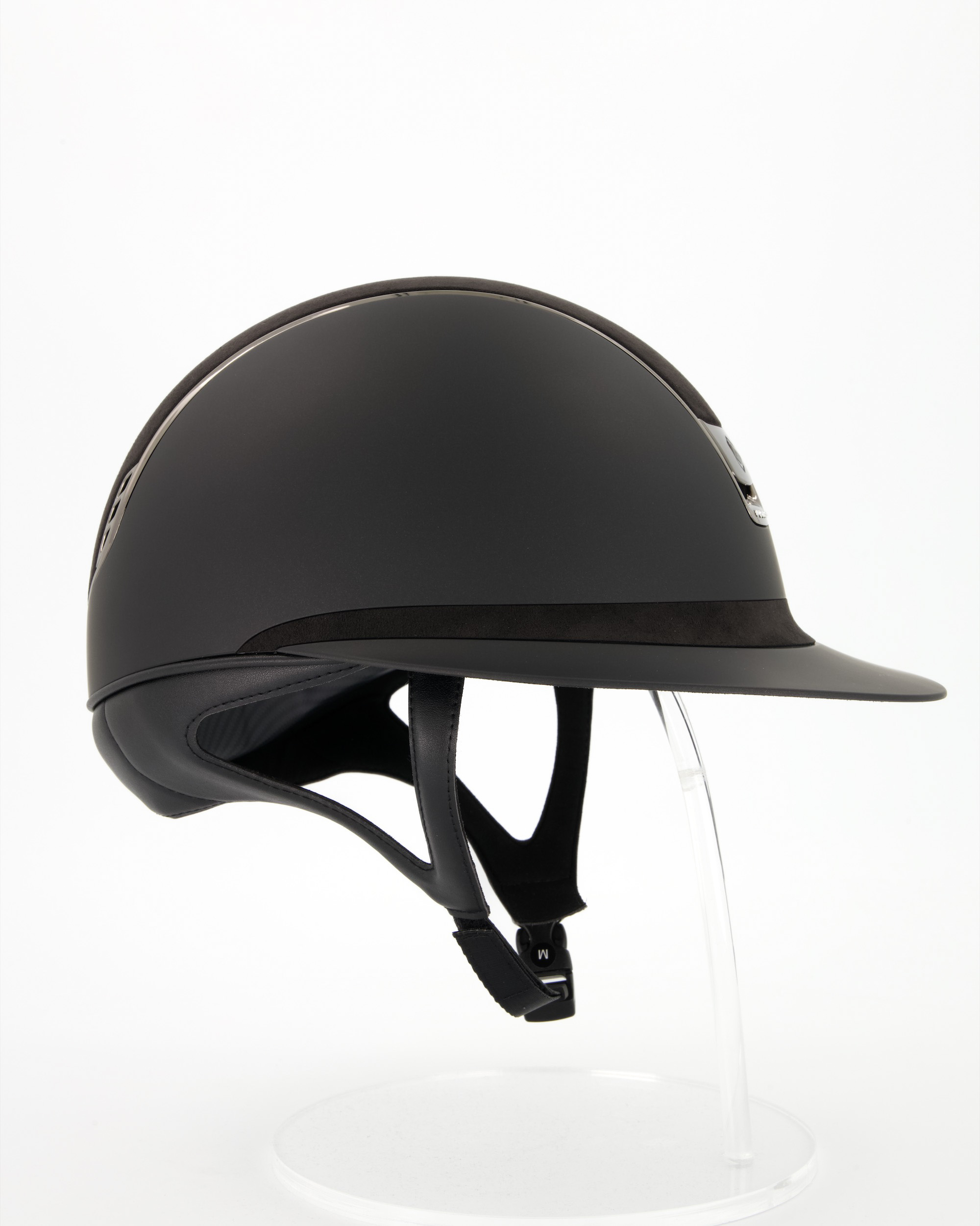 Riding helmet Miss Shield 2.0 Shadowmatt , Top and frontal band Alcantara black, Trim and Blason Chrome Black, 5 Swarovski in black