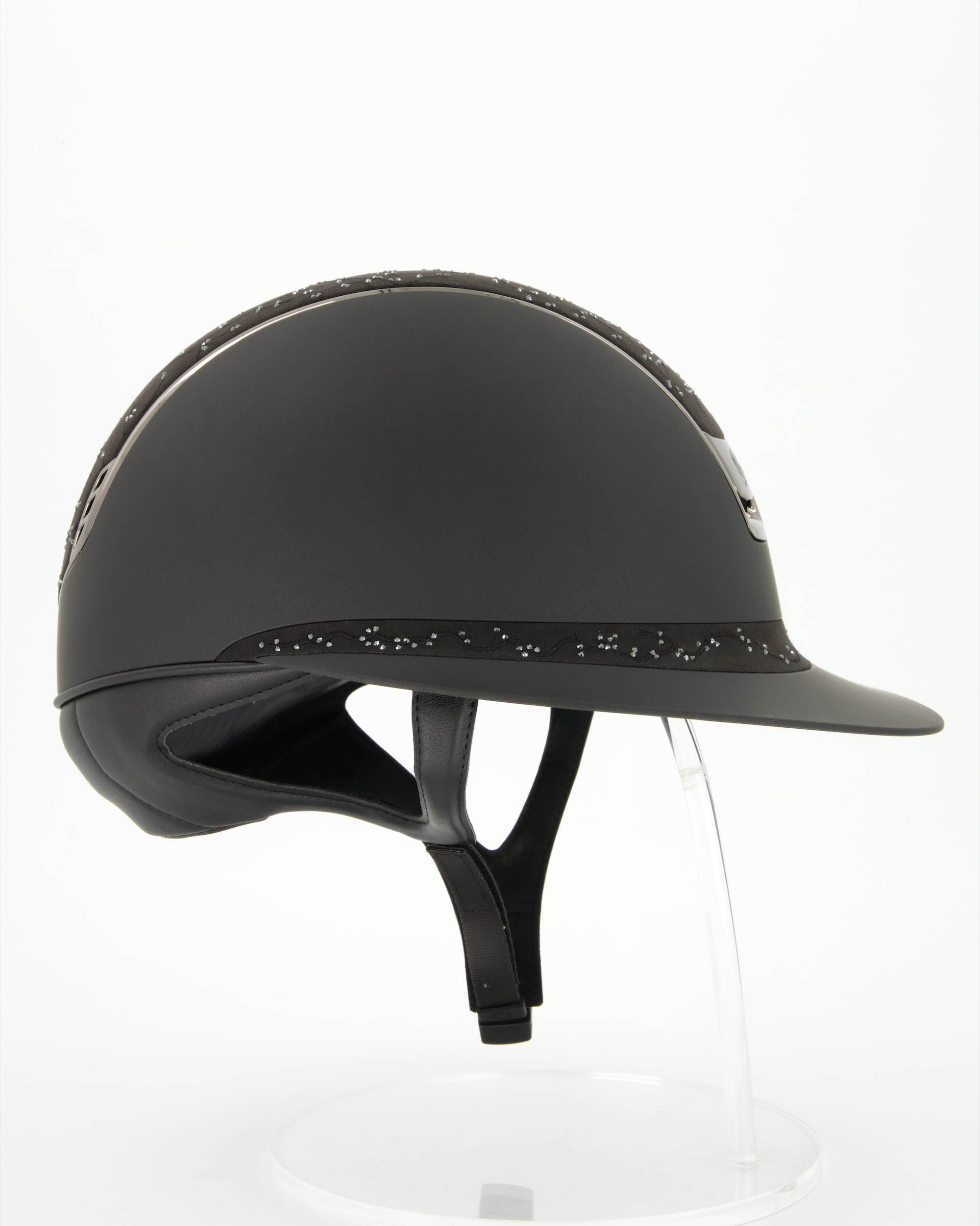 Riding helmet 2.0 Miss Shield Shadowmatt Black, Top and Frontal Band Crystal Leaf, Trim and Blason Chrome Black