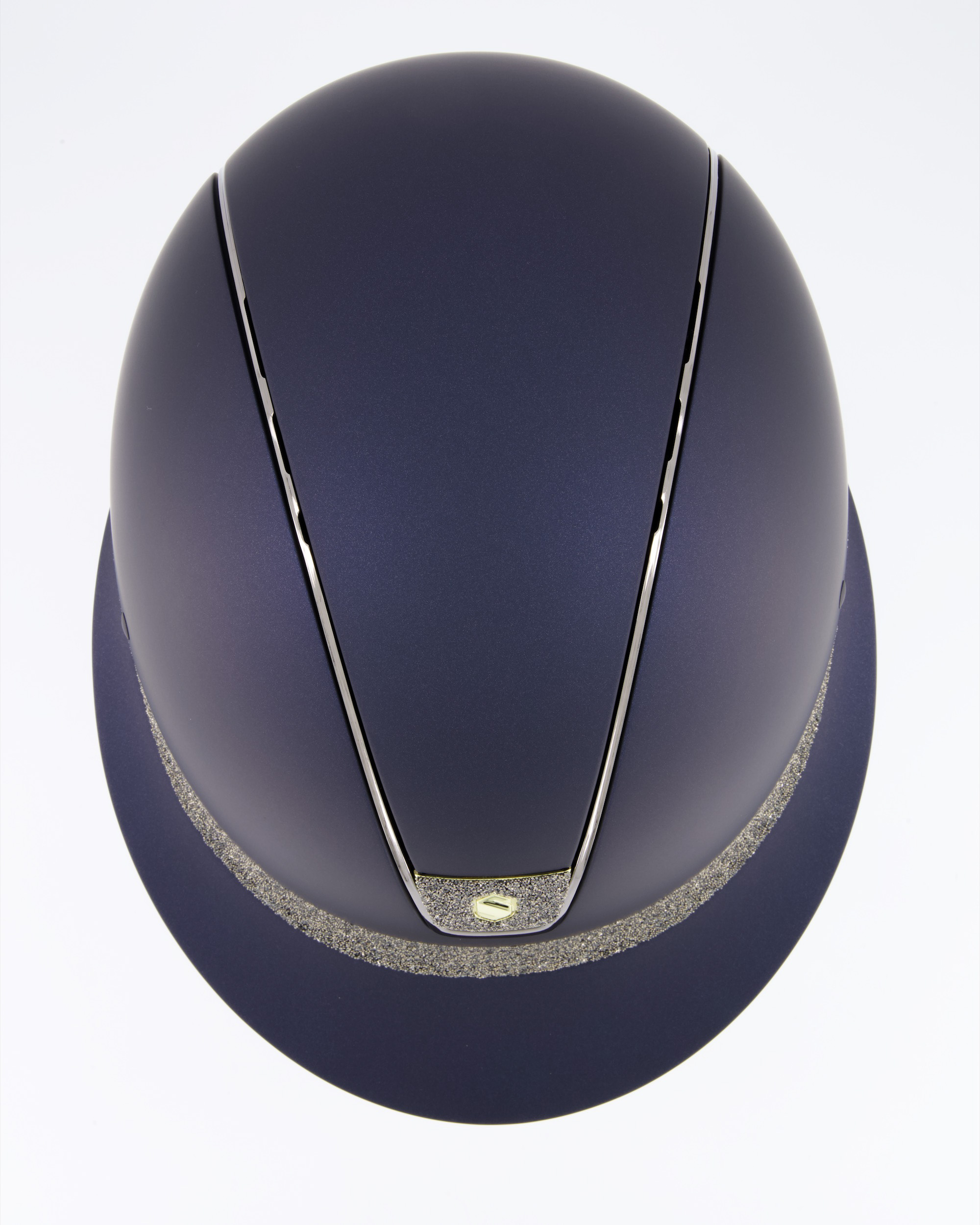 Riding helmet Miss Shield Shadowmatt Blue, Top Shadowmatt blue, Frontal Band Crystal fabric Swarovski Metal Eclipse, Trim Chrome Black, Blason Crystal Fabric Gold