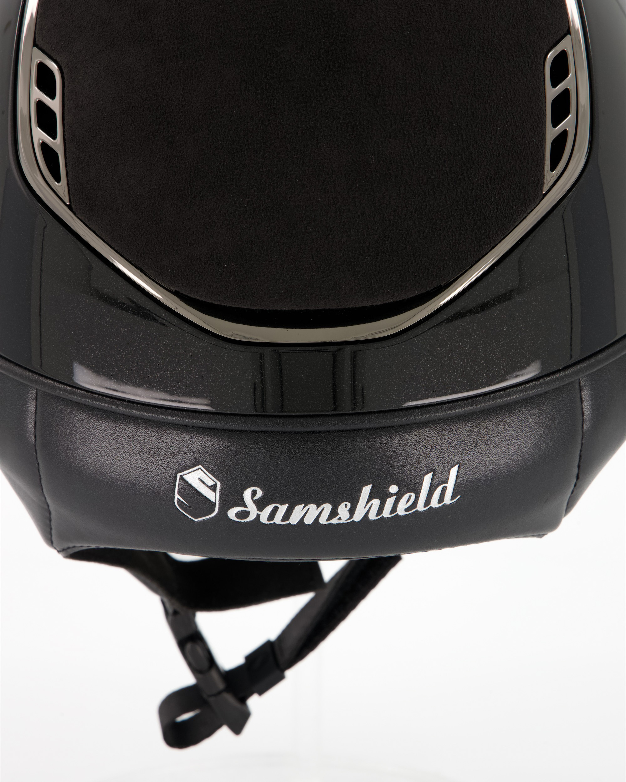 Riding helmet 2.0 Miss Shieldglossy Black, Top and frontal band Alcantara Black, Trim and Blason Chrome Black, 5 Swarovski Black in black