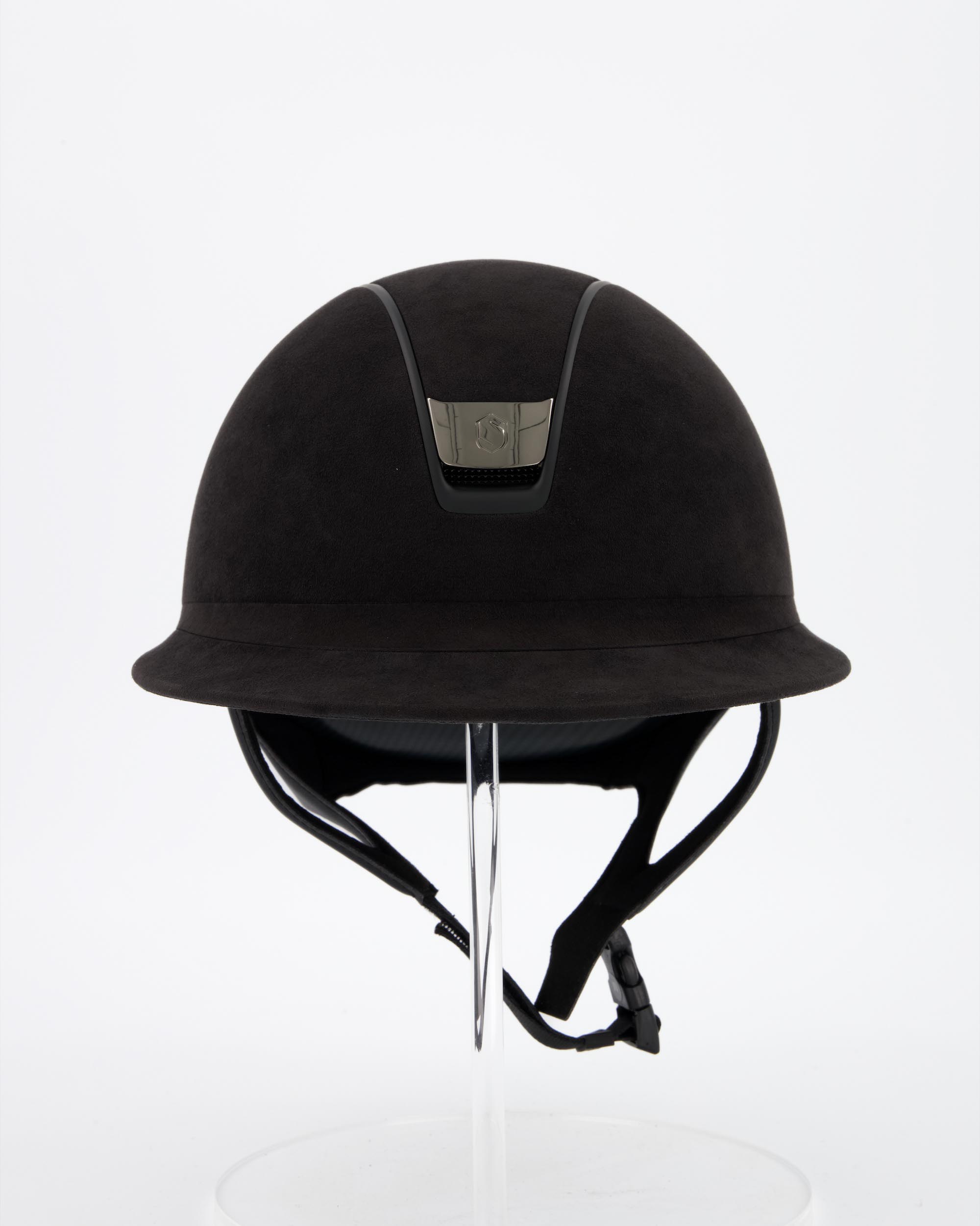 Riding helmet 2.0 Miss Premium Alcantara Black, Trim Matt Black, Blason Black Chrome in black