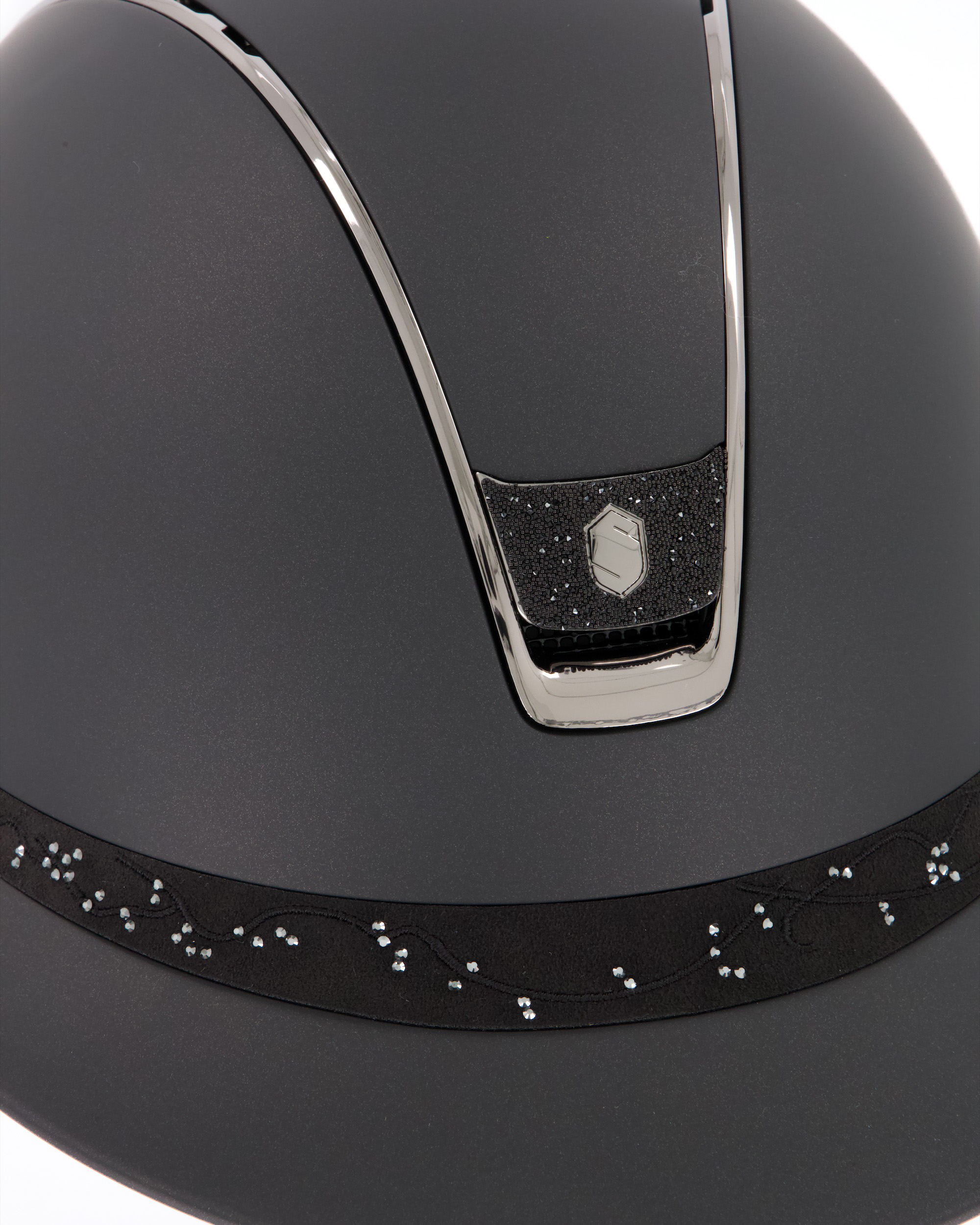 Reithelm 2.0 Miss Shield Shadowmatt Black, Frontal Band Crystal Leaf, Trim Chrome Black, Blason Crystal Fabric Black