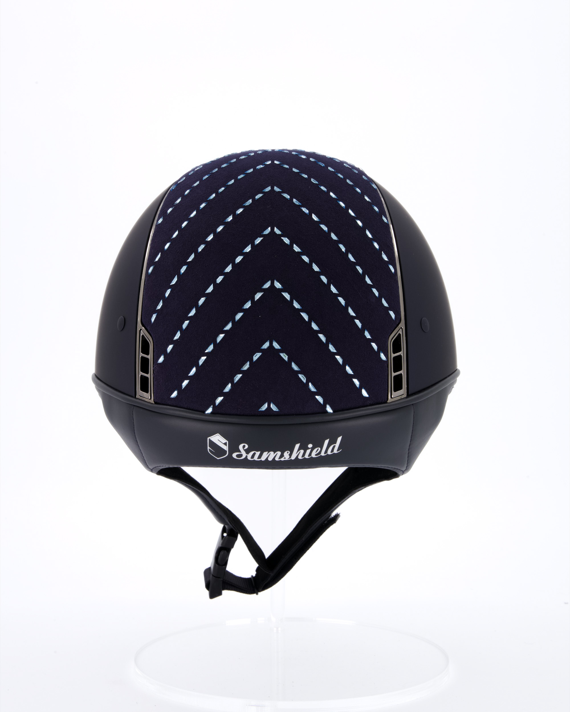 Riding helmet Shadowmatt Blue, Top Chevron Blue, Trim Black Chrome, Blason Black Chrome
