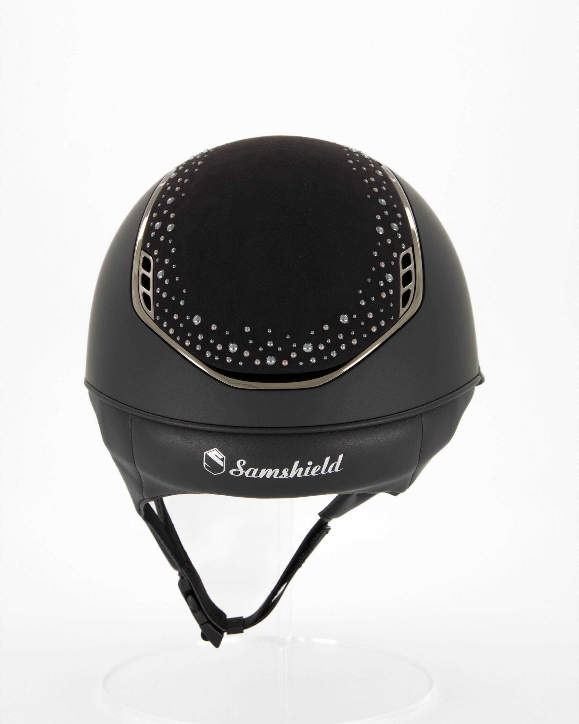 Riding helmet 2.0 Miss Shield Shadowmatt Black, Top and front strap night pearl, Trim and Blason Chrome Black in black