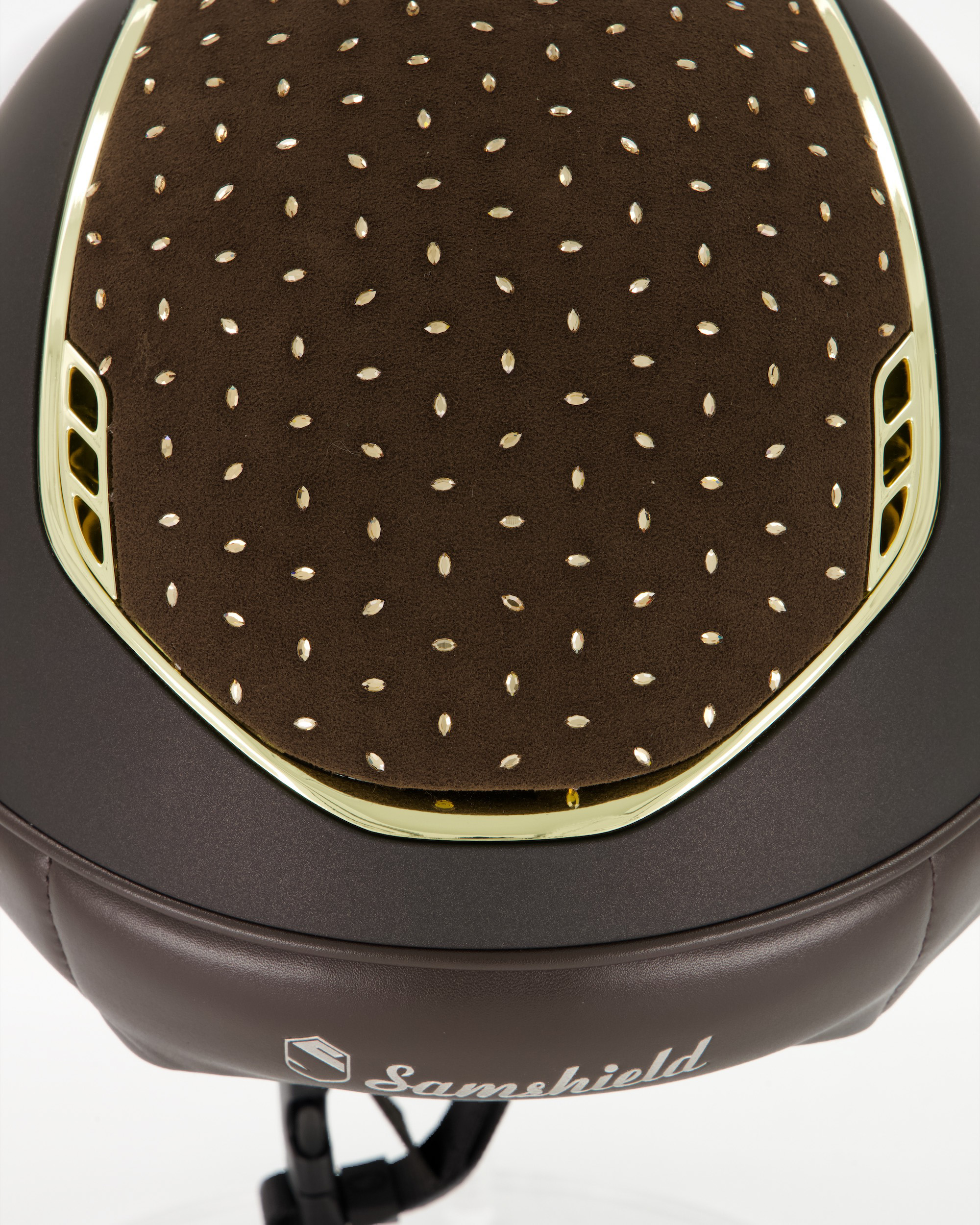 Riding helmet 2.0 Miss Shield Shadowmatt brown, top and frontal band Crystal Comet light Colorado Topaz, trim and blason Chrome Gold in brown