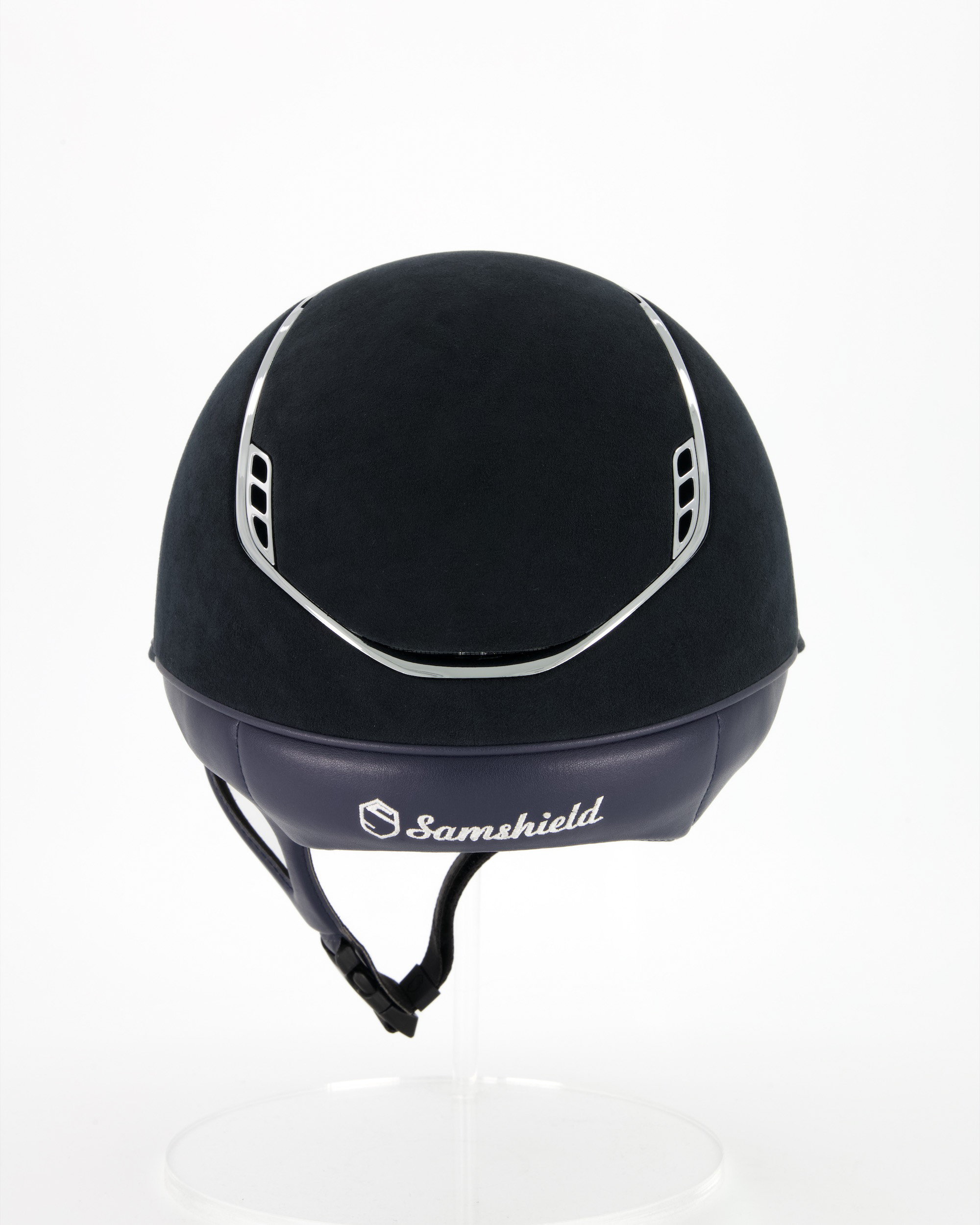 Reithelm Miss Shield 2.0 Premium, Top Alcantara Blue, Frontal Band Leather Blue, Trim u. Blason Chrome Silver in blau