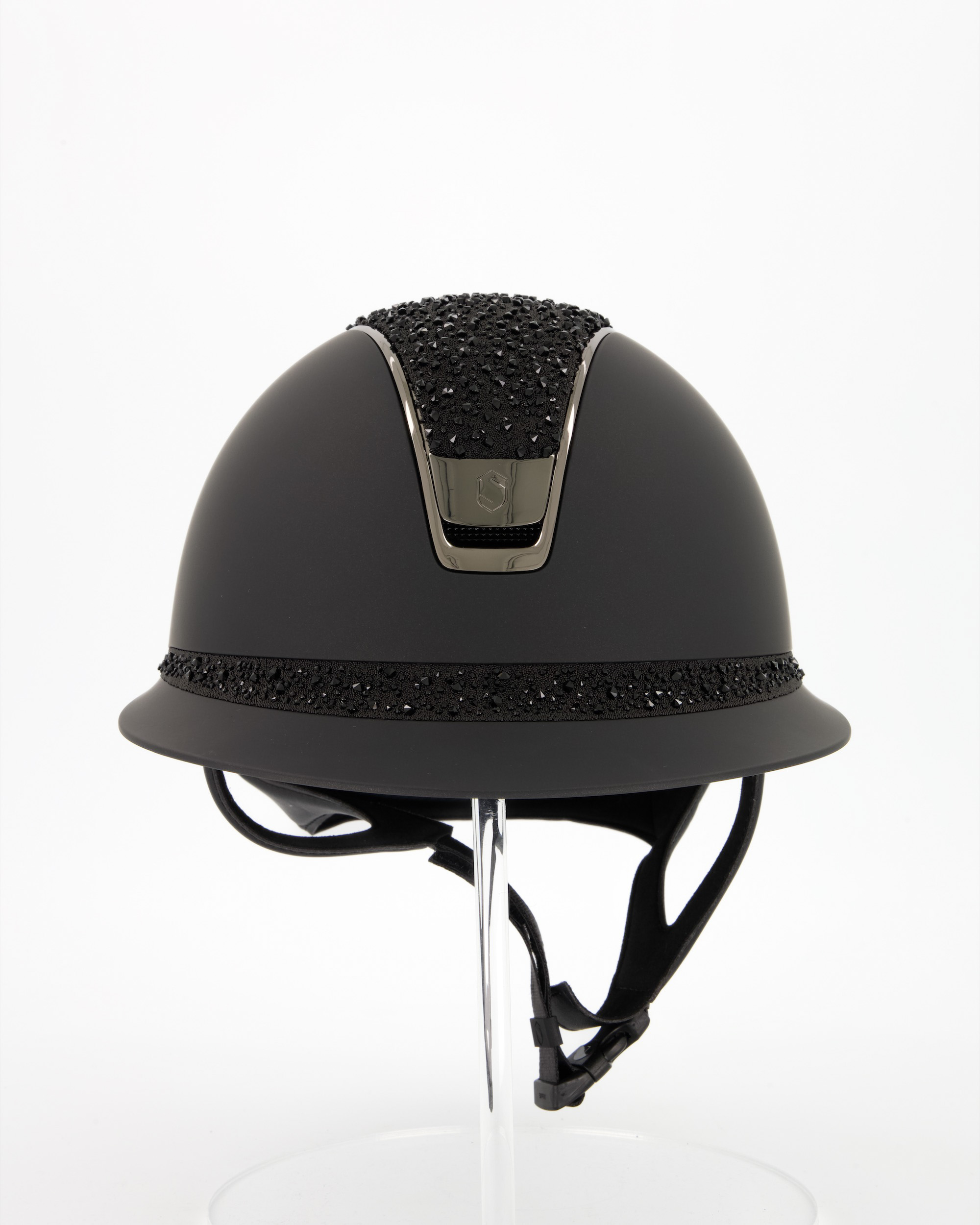 Reithelm 2.0 Miss Shield Shadowmatt, Top u. Frontal Band Crystal Medley Swarovski Black, Trim u. Blason Chrome Black in schwarz