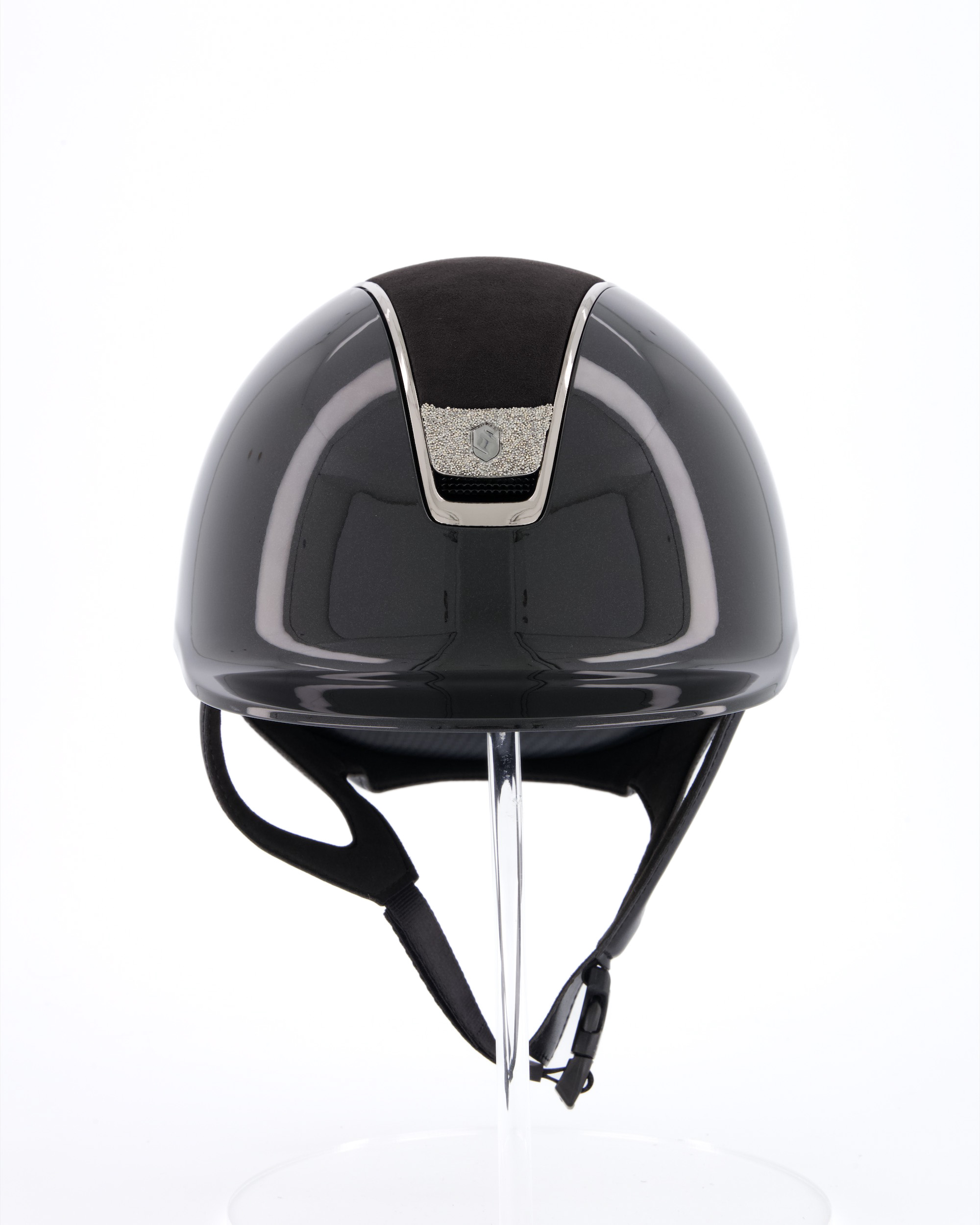 Riding helmet 2.0 Shadowglossy, Top Alcantara Black, Trim Black Chrome, Blason Crystal Fabric Swarovski Silver in black