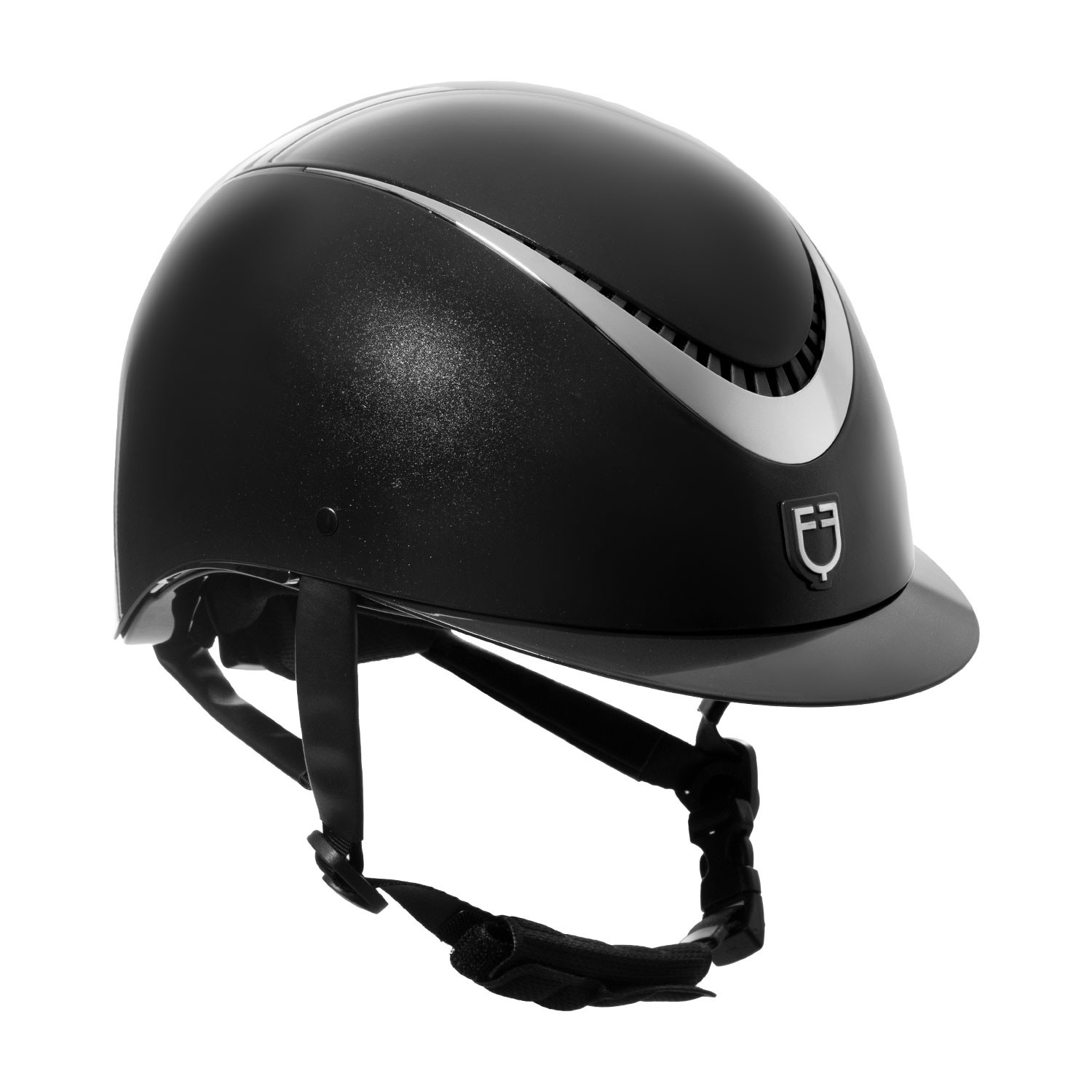Glanz-Helm mit Kunstleder-Riemen und schmalem Visier, Norm EN 1384-2023