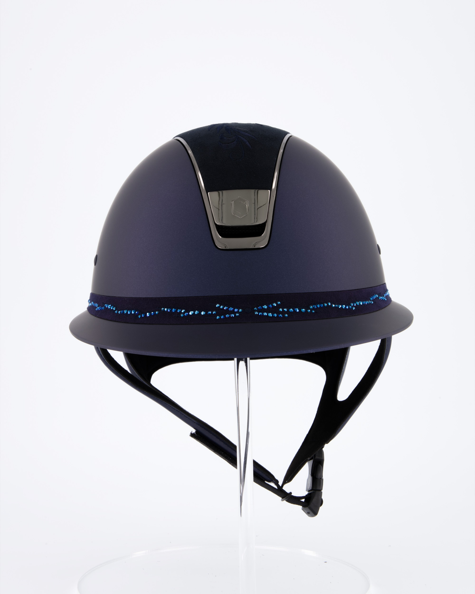 Reithelm Miss Shield Shadowmatt Blue, Top Flower Embroidery Blue, Frontal Band Flower Swarovski Blue, Trim u. Blason Chrome Black
