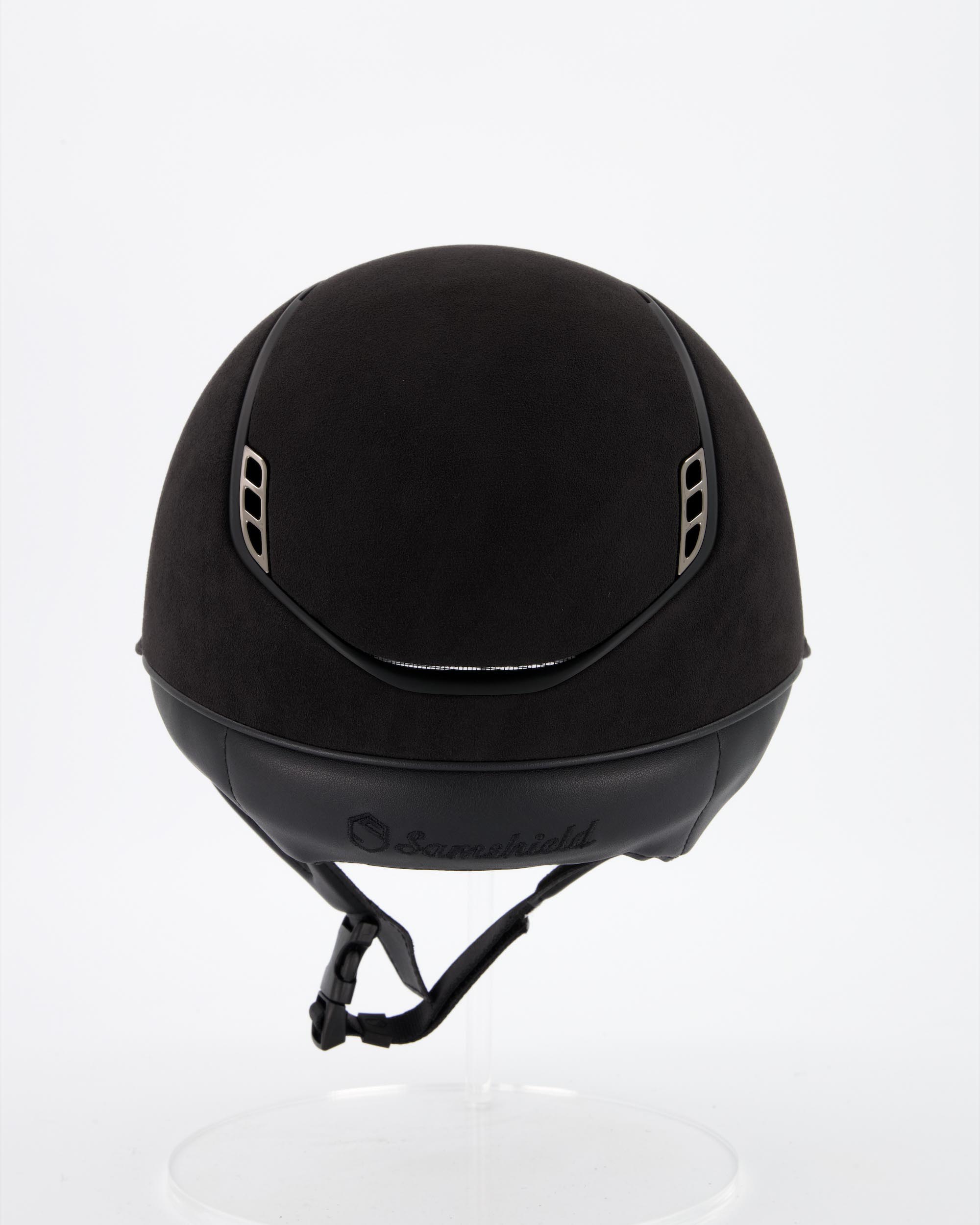 Riding helmet 2.0 Miss Premium Alcantara Black, Trim Matt Black, Blason Black Chrome in black